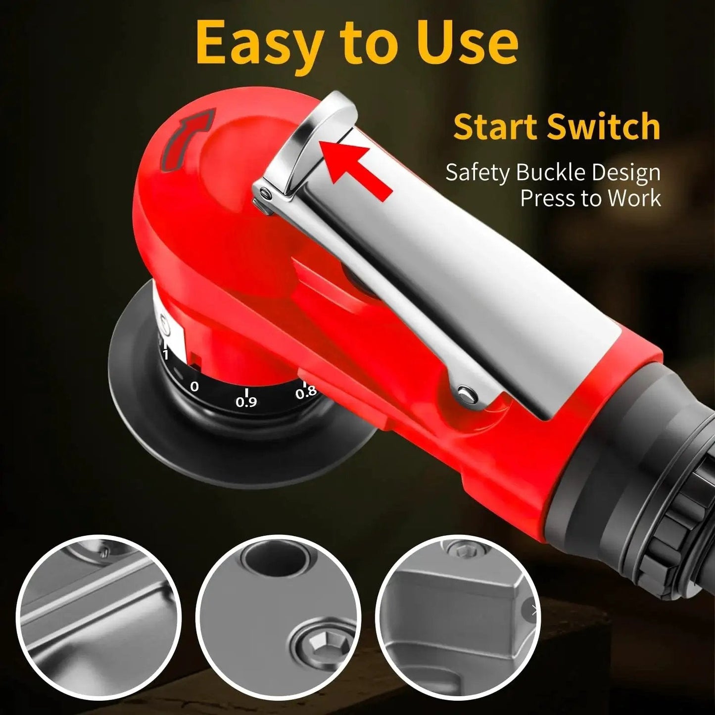 Close-up of 2 In 1 Pneumatic Chamfer Tool for Deburring and Beveling, mini air bevel machine with safety switch and focus on blade area.