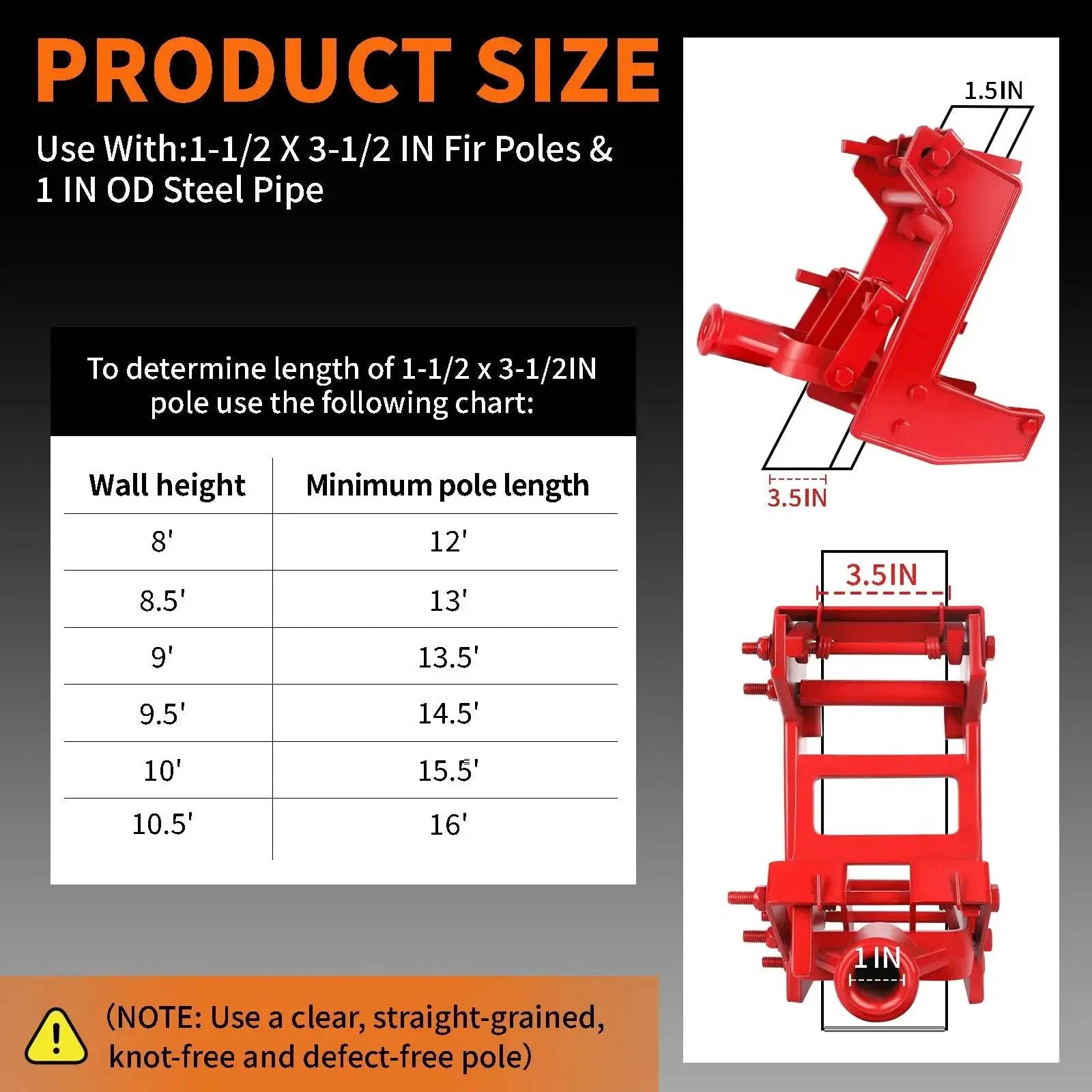 Solo Framing Wall Jack lifts 1000 lb beams with fir poles or steel pipe, shown with size chart and red jack dimensions.