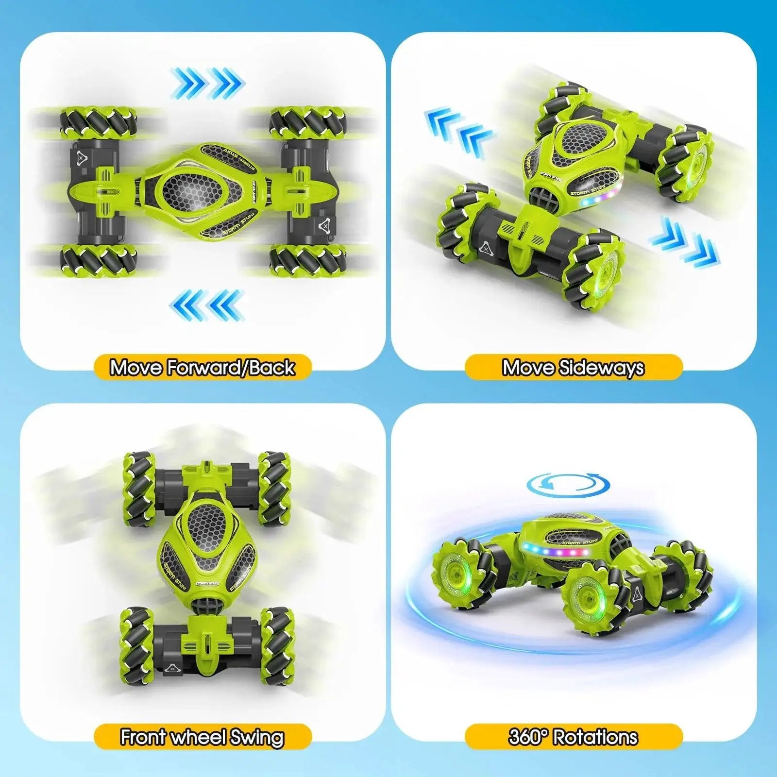 Gesture Sensing RC Stunt Car With Hand Wave Control and Remote showing 4WD drift moves, including forward, sideways, and 360-degree rotations.