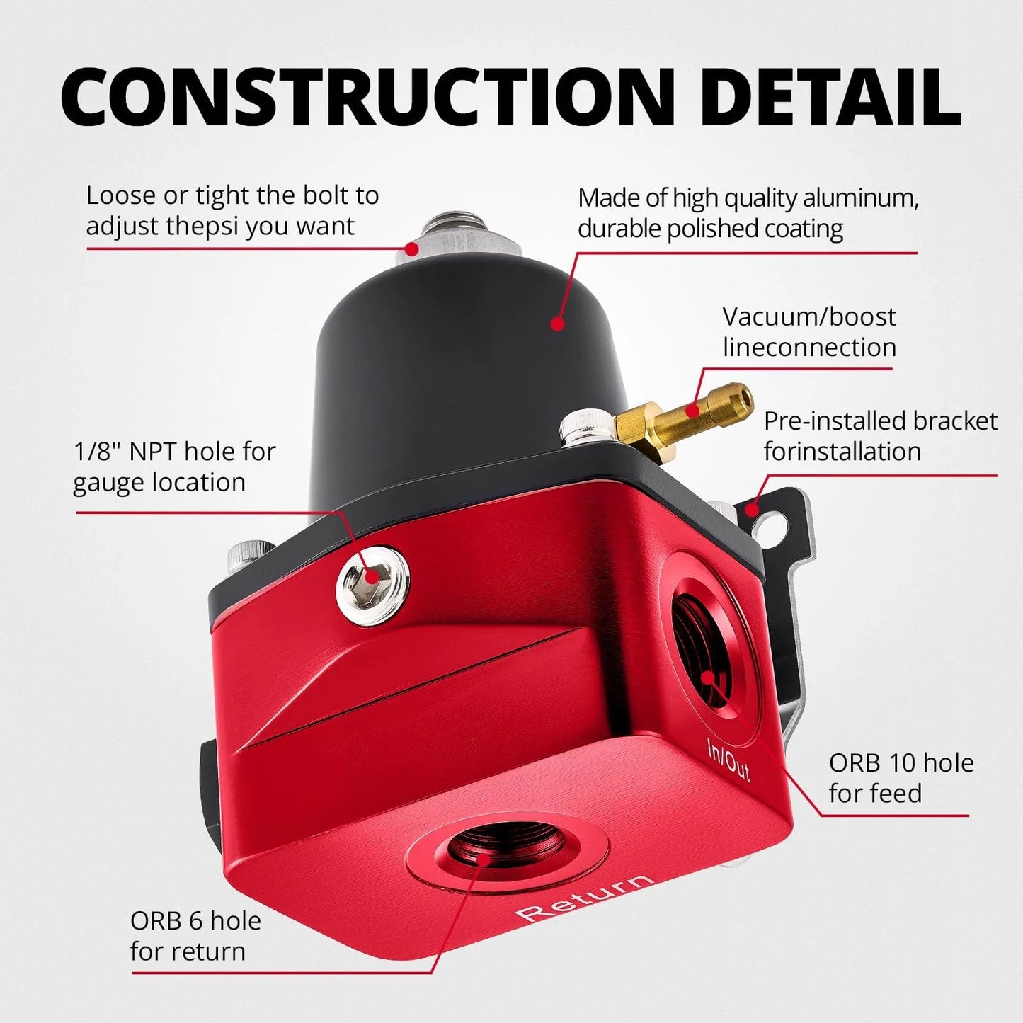 Adjustable 6AN EFI Fuel Pressure Regulator Return Bypass for Most Vehicles with EFI System Gasoline and E85 Ethanol Compatible Not For Diesel Nylon Braided Line Not Compatible With E85 30 to 70 PSI Regulation and Simple Install, red aluminum construction details.