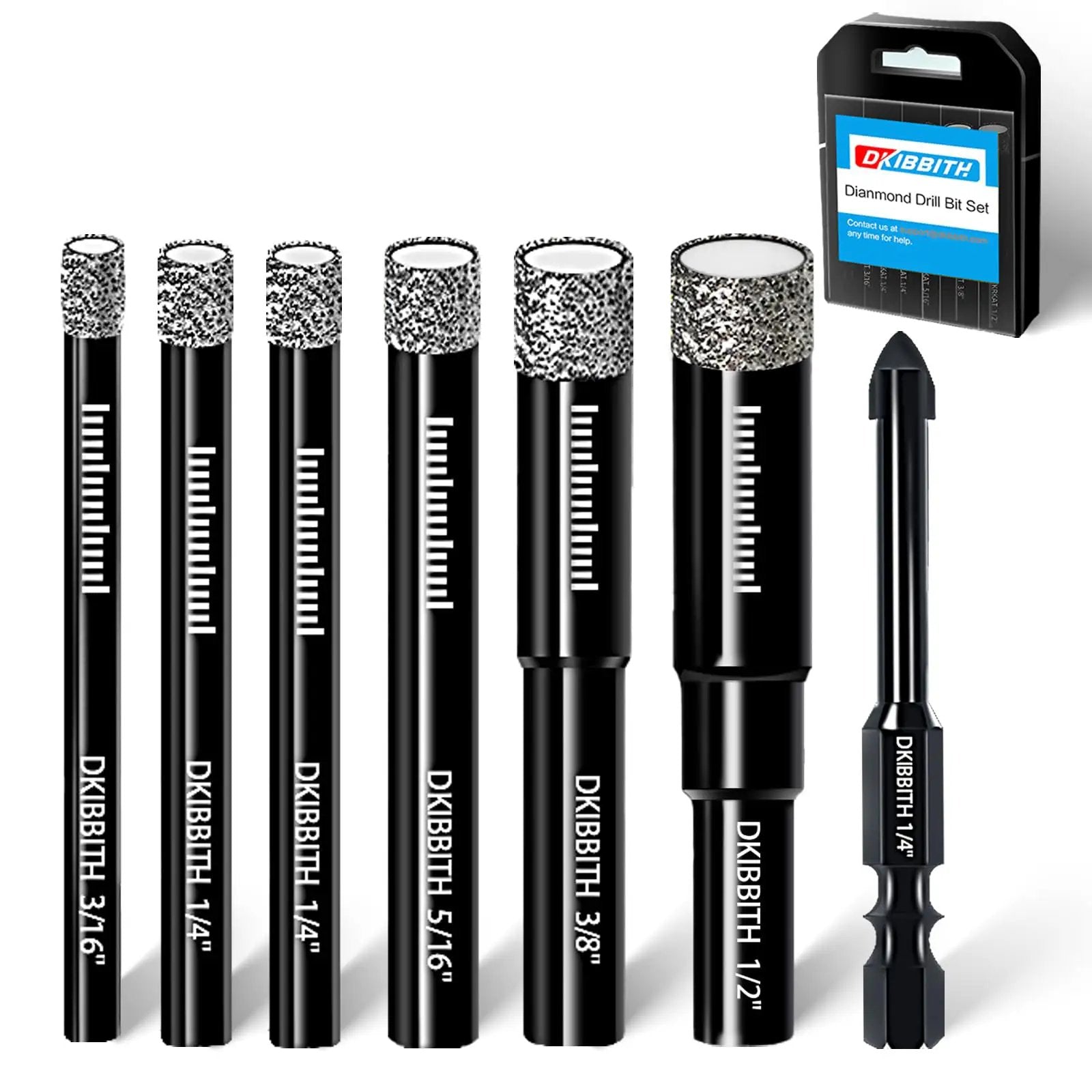 Seven Piece Diamond Drill Bit Set For Ceramic Porcelain Marble Granite And Glass With Dry Core Bits And Wax Lubricant shown in packaging
