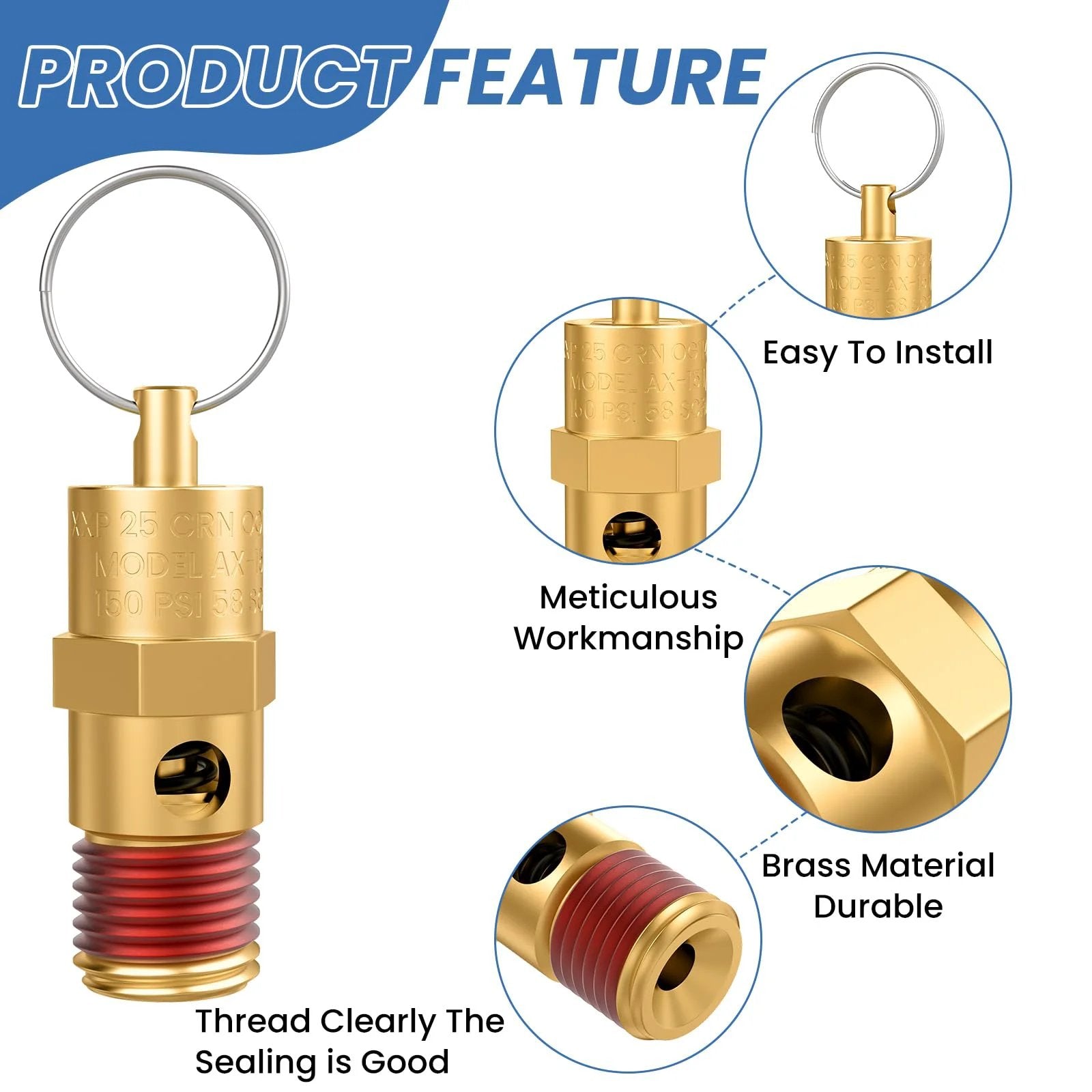 Brass Quarter Inch NPT Safety Valve For Air Compressors, 150 PSI Relief with Easy Install and Secure Pressure Regulation features