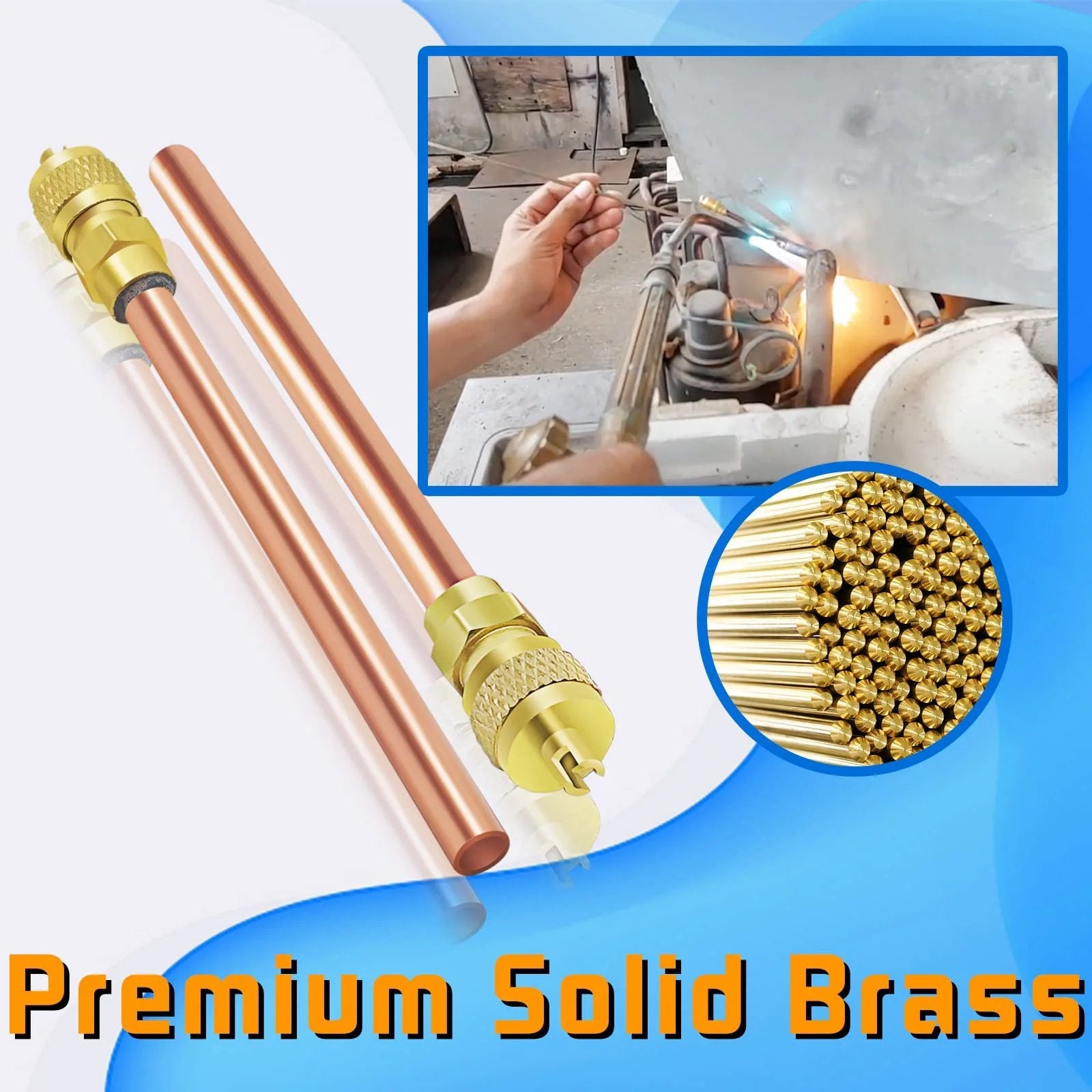 HVAC Schrader Access Service Valve Kit 30-Piece for Air Conditioner Charge With One Quarter Inch SAE to One Quarter Inch Outer Diameter and Three Point Five Four Inch Stem Copper Brass Core Needle Valves DIY Friendly showing copper brass valves with installation examples