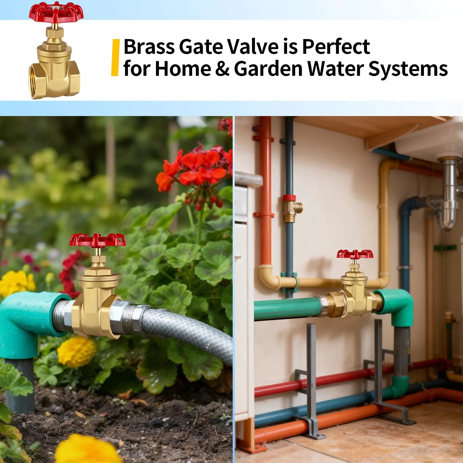 Heavy Duty Brass Gate Valve Three-Quarter Inch NPT With Wheel Handle, Manual Rotary Sluice Valve, installed in garden and plumbing systems