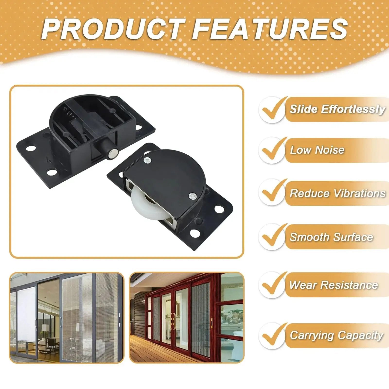 Product image of Two Sets Sliding Door Rollers Pulleys With Silent Nylon Wheels for cabinet and wardrobe doors, black finish.