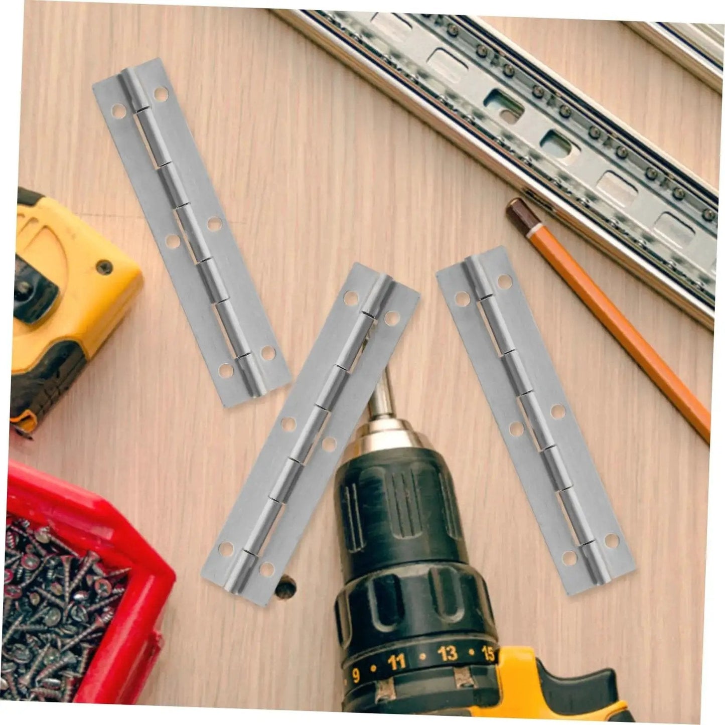 Stainless Steel Beefy Heavy Duty Piano Hinges Set Of 2 Continuous Hinge For Cabinets Doors And Boats 6 Inch Length Smooth Pivot High Load Capacity Durable Marine Grade Hardware For Home DIY Projects And Furniture Renovations Ideal For DIY Projects And on table with tools