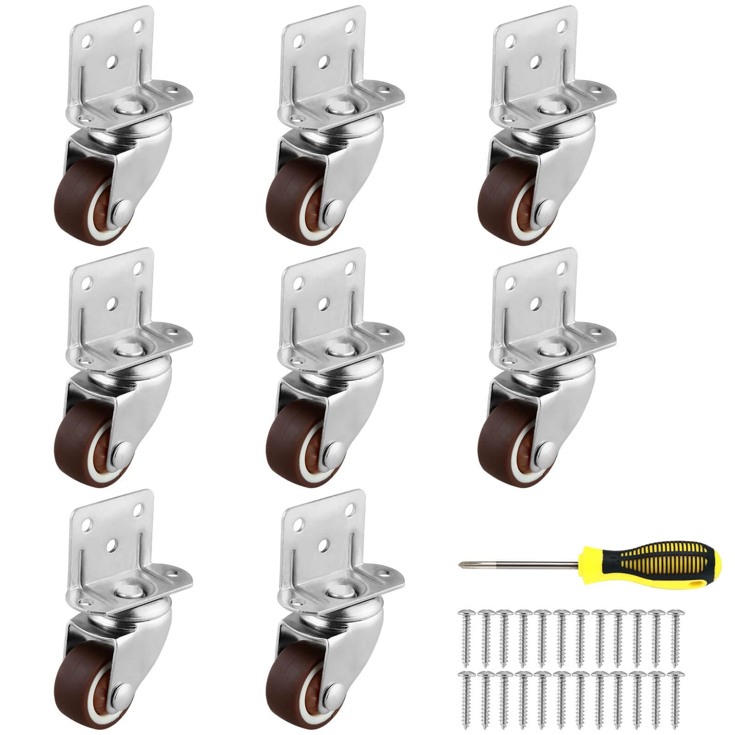 1 Inch Side Mount Casters Set Of 8 L Shaped Rubber Swivel Heavy Duty Double Plate Casters Without Brake Industrial Metal Wheel For Workbench Furniture Cabinet Woodbox Brown Includes 42 Screws For Quick Mounting