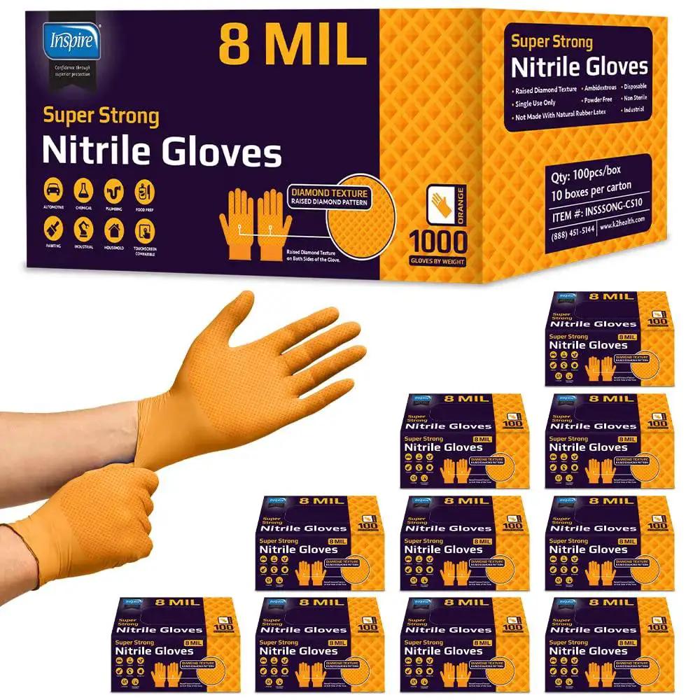 8 Mil Orange Nitrile Gloves With Diamond Textured Grip For Industrial And Food, shown with packaging and glove display.
