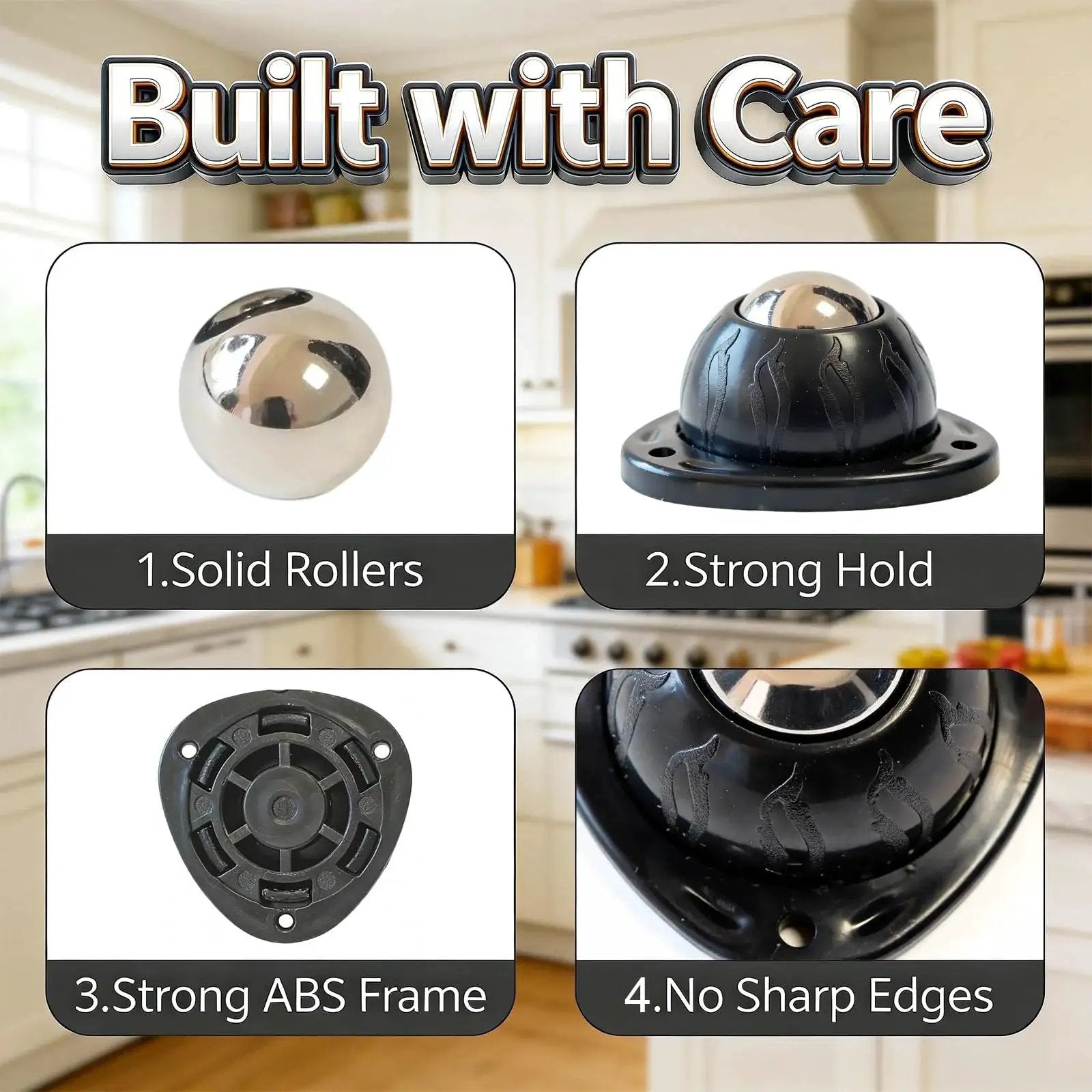 Black Stainless Steel Self Adhesive Caster Wheels 4 Pack Large Profile Swivel Ball Casters with 60 lbs load capacity per wheel