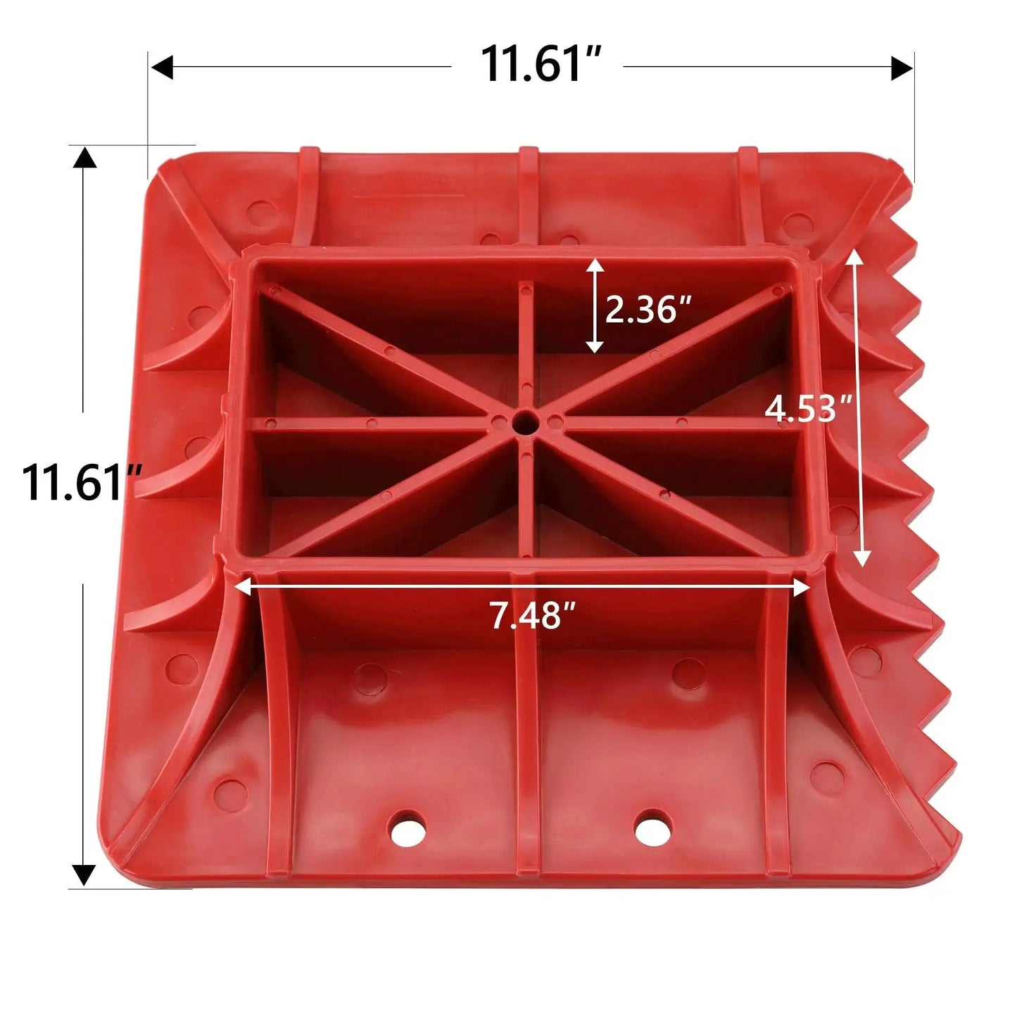 Red Off Road Base Jack Stand With PP Pad To Alleviate Hoist Sinkage For Most Jacks, square with dimensions and ridged surface visible