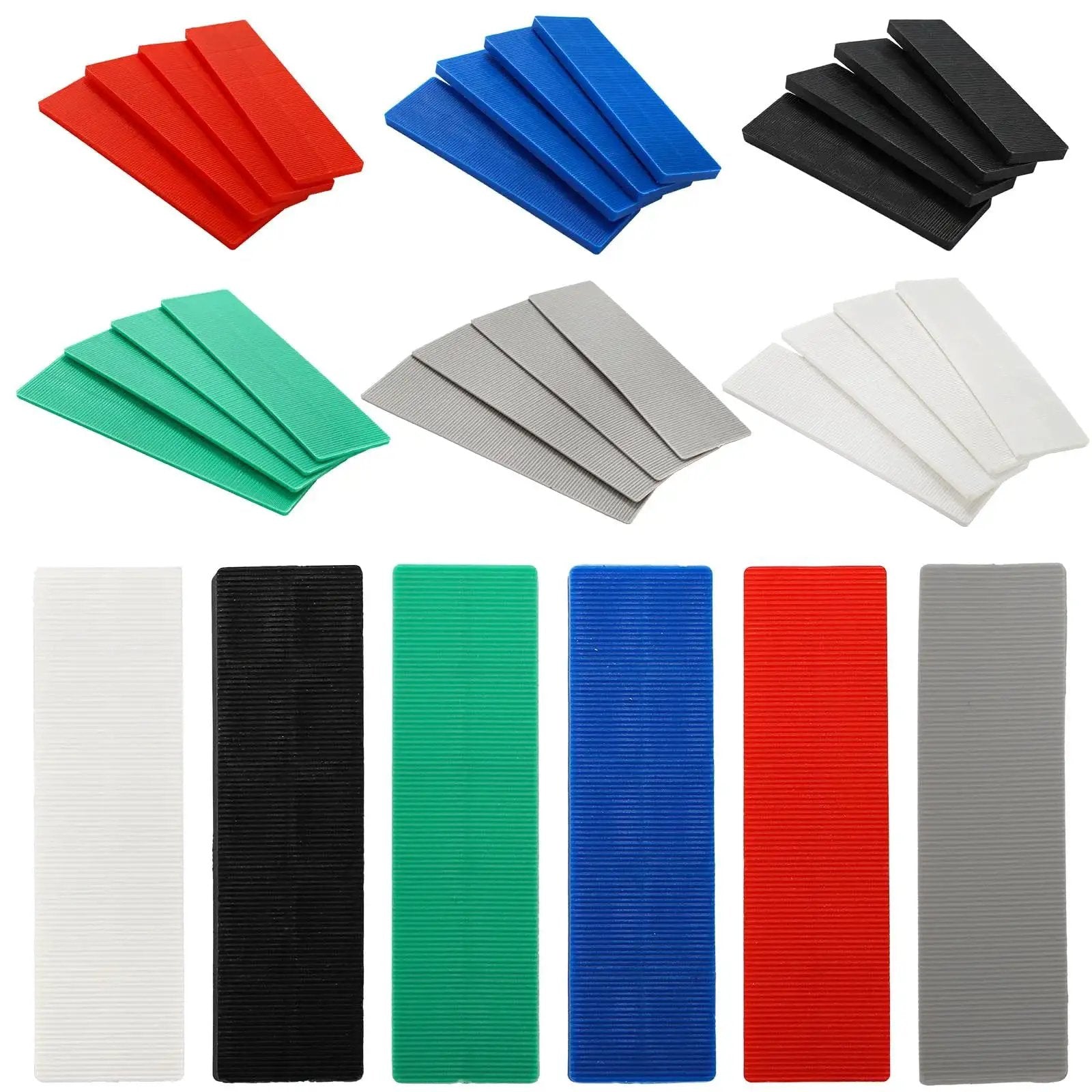 Bulk 300 Piece Plastic Flat Shim Set For Leveling And Tile Installation Color Coded By Thickness From 1mm To 6mm With Grey Green White Red Blue Black Shims In 4 Inch Length And 1.1 Inch Width For Easy DIY Home Improvement