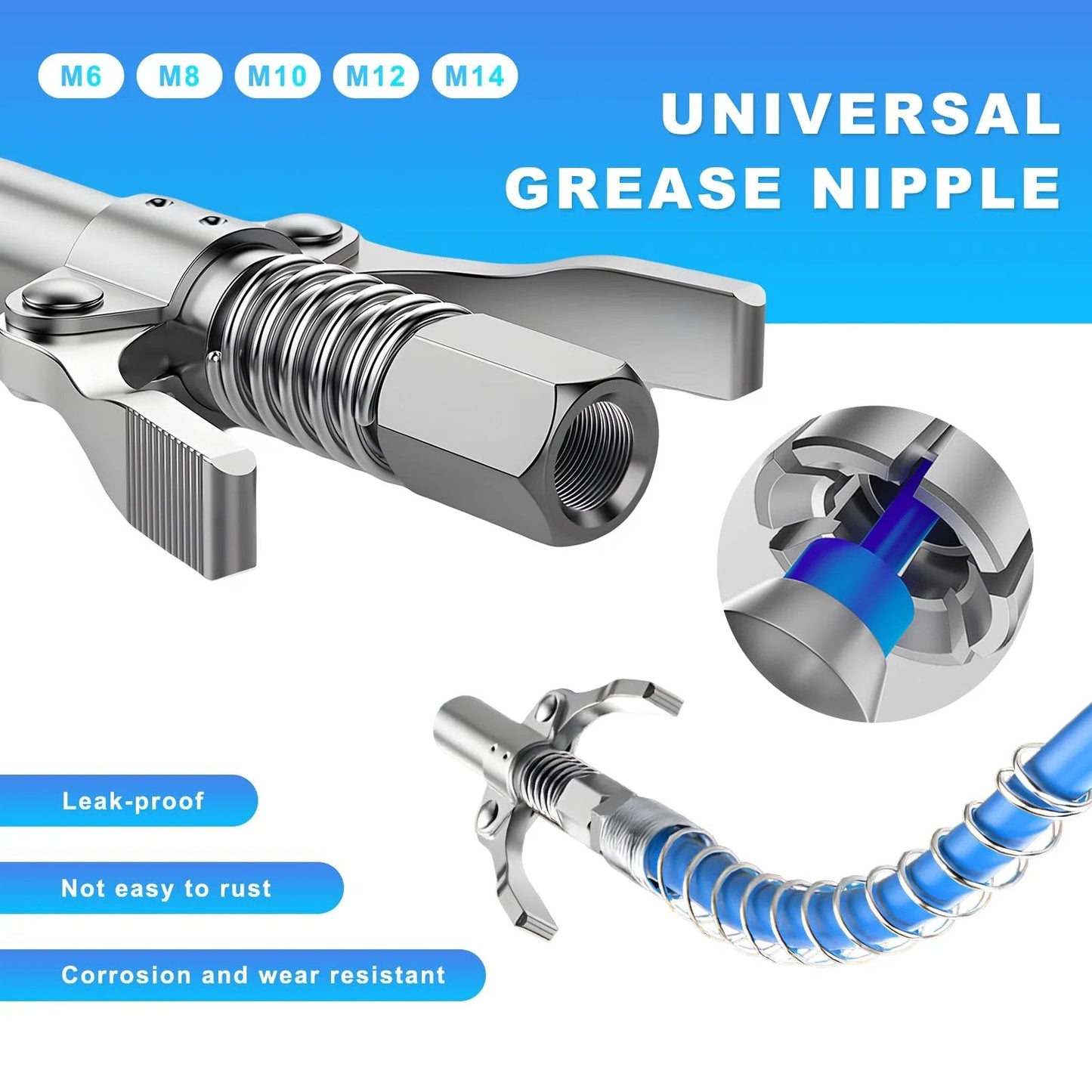 Universal grease nipple with leak-proof, corrosion-resistant design and multi-size fittings visible in the image.