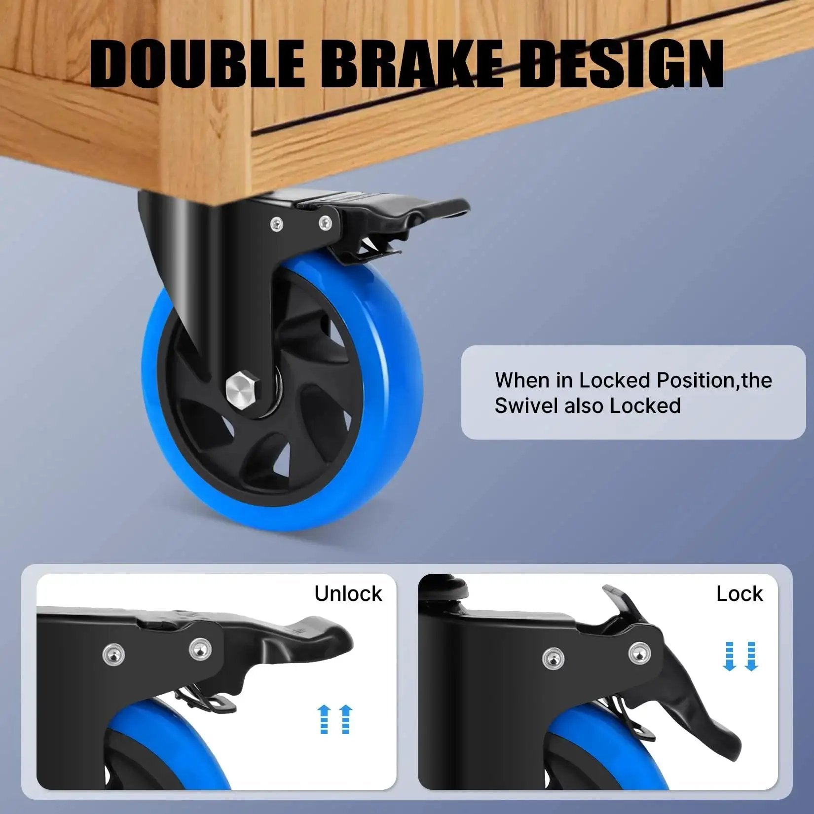 Heavy Duty 5 Inch Caster Wheel Set Of 4 With Brakes For Cart Workbench And Furniture showing lock and unlock brake design
