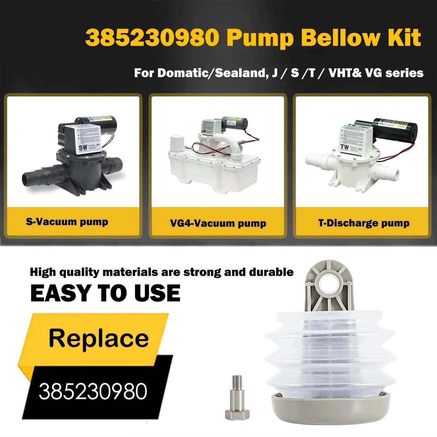 Pump Bellows Kit for Sealand Vacuum and Discharge Pumps includes one bellows, one bushing, and one bolt for quick install
