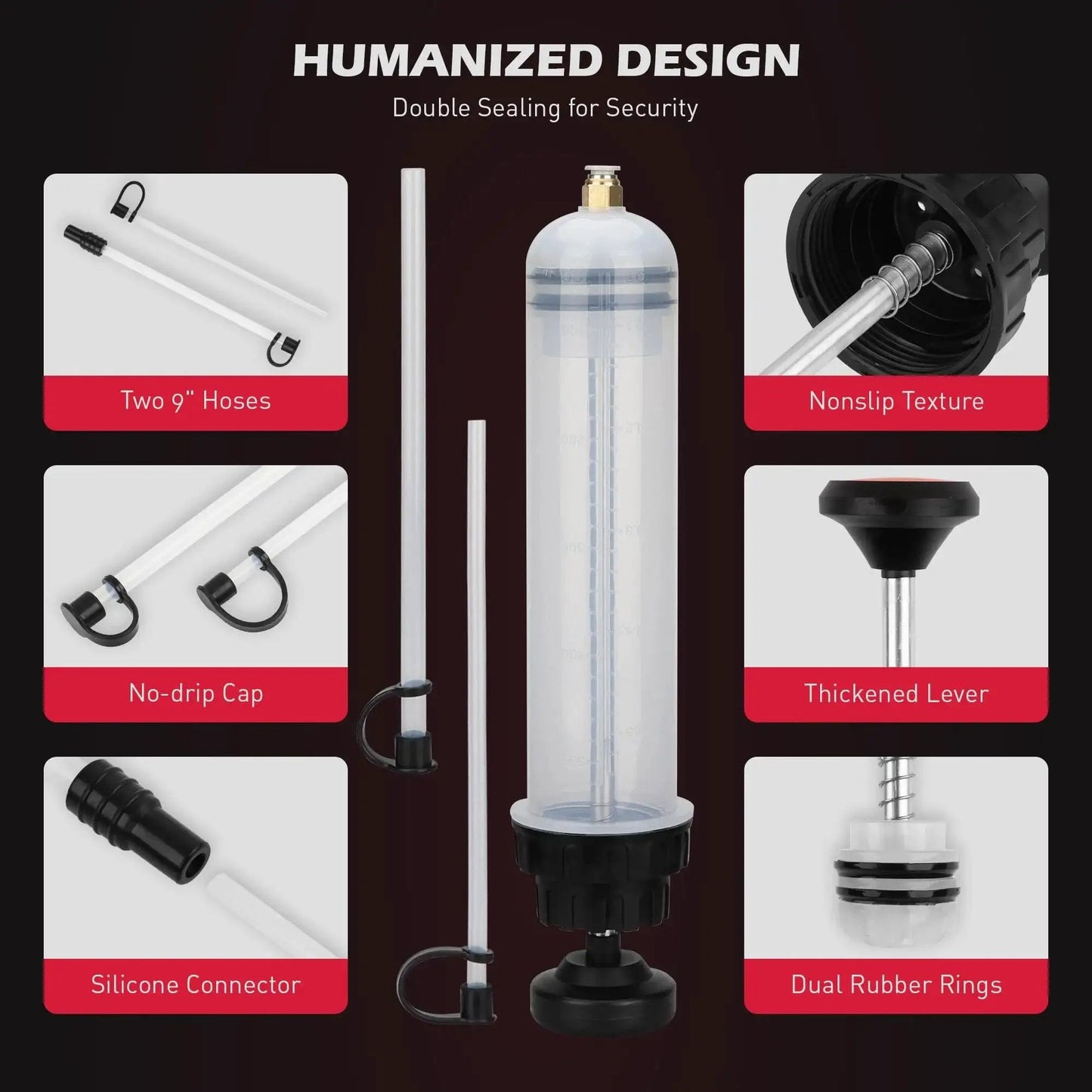 500cc Fluid Extractor And Oil Syringe With Leak Proof Dual Seal Pump, showing components and design features