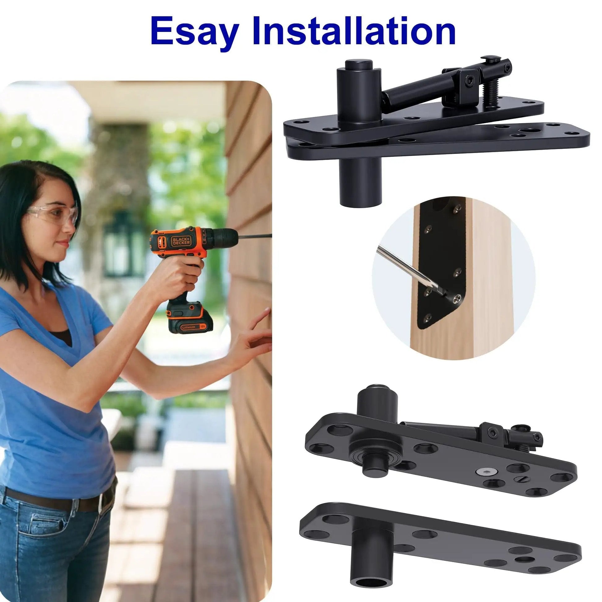 Illustration of an easy installation process for Heavy Duty Hidden Door Hinge By AURIXUS With 573 Lb Capacity, includes tools.