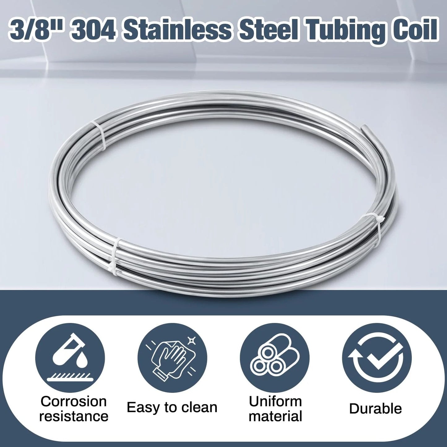 Two Pack 3/8 Inch 304 Stainless Steel Tubing Coils 50 Feet Total 25 Feet Each Heavy Duty Go To Fuel Lines Wort Chillers Automotive Projects And Home Brew MorningRo showing coiled stainless steel tubing with corrosion resistance icons