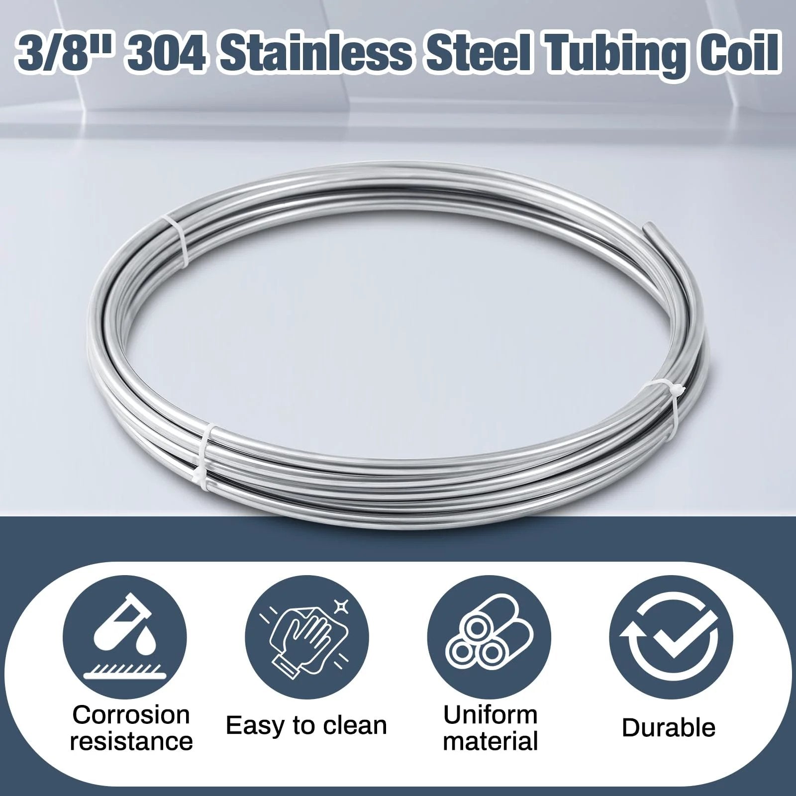 Two Pack 3/8 Inch 304 Stainless Steel Tubing Coils 50 Feet Total 25 Feet Each Heavy Duty Go To Fuel Lines Wort Chillers Automotive Projects And Home Brew MorningRo showing coiled stainless steel tubing with corrosion resistance icons