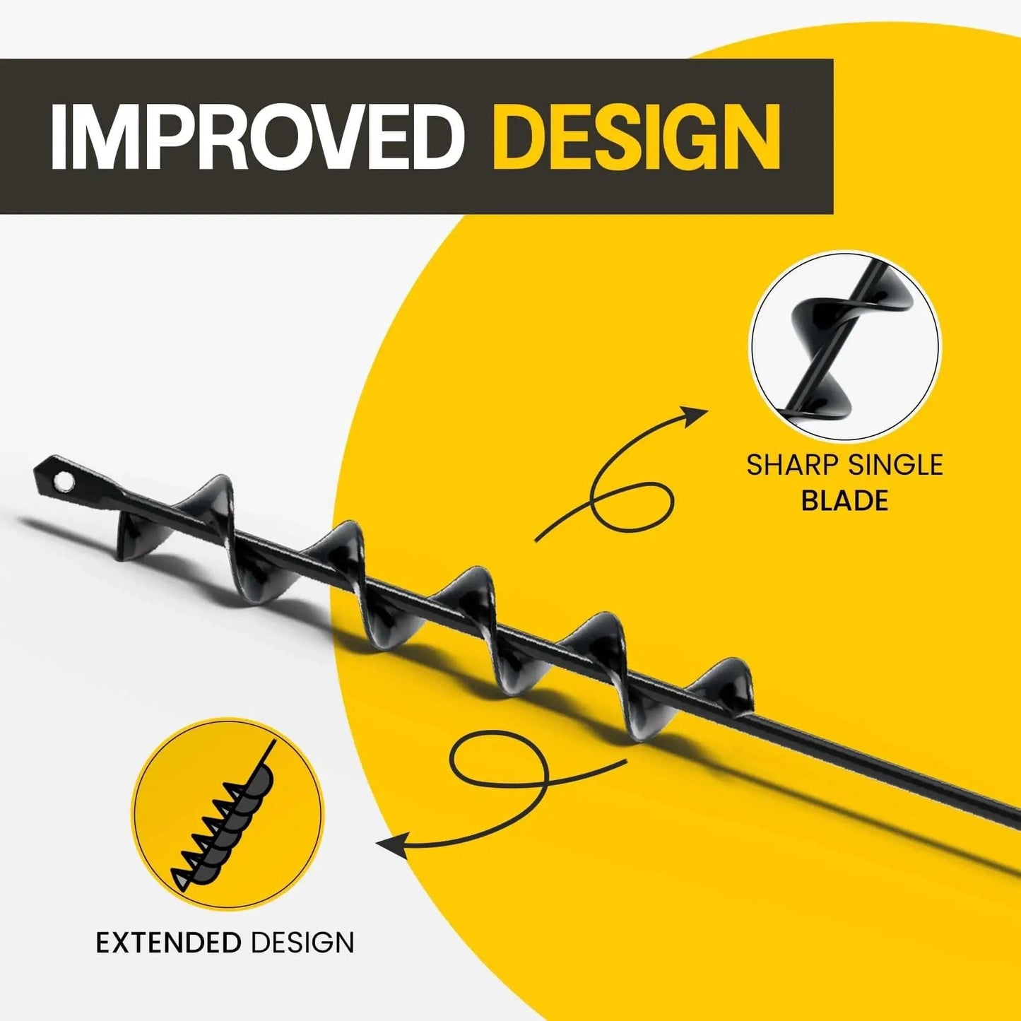 Image of a black steel Garden Auger Drill Bit For Planting One Point Six By Sixteen Point Five Inch with improved design features.