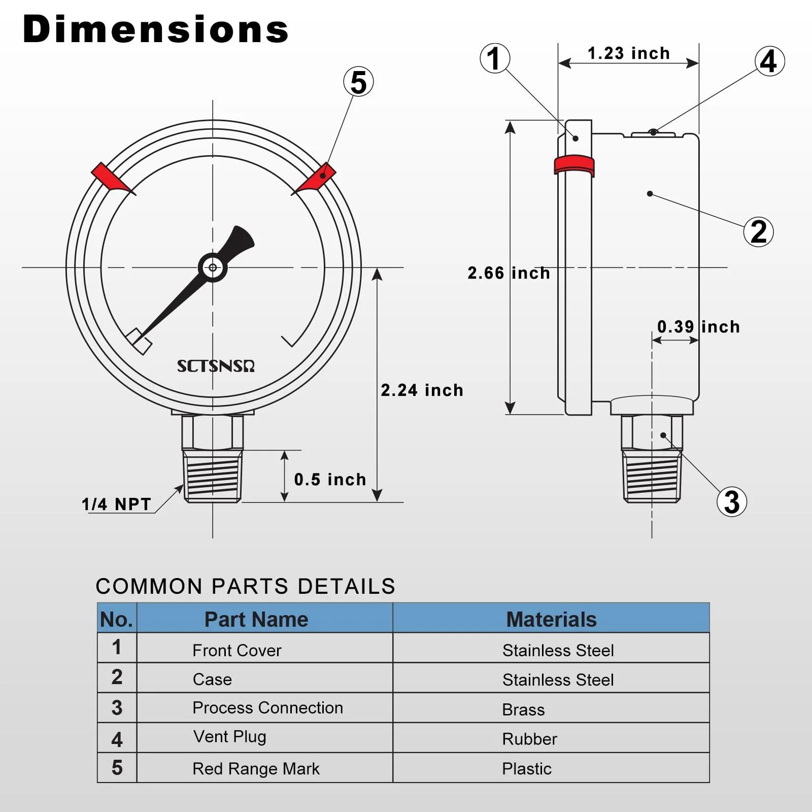 Diagram showing dimensions of Glycerin Filled 0 To 3000 Psi Pressure Gauge with 2.5 inch dial, stainless steel case, brass core, by SCTSNSR.