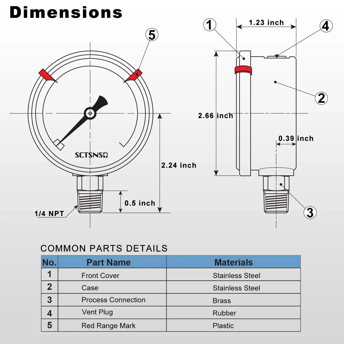Dimensions diagram of 0 To 100 Psi Glycerin Liquid Filled Pressure Gauge With Two And A Half Inch Dial Lower Mount One Quarter Inch NPT.