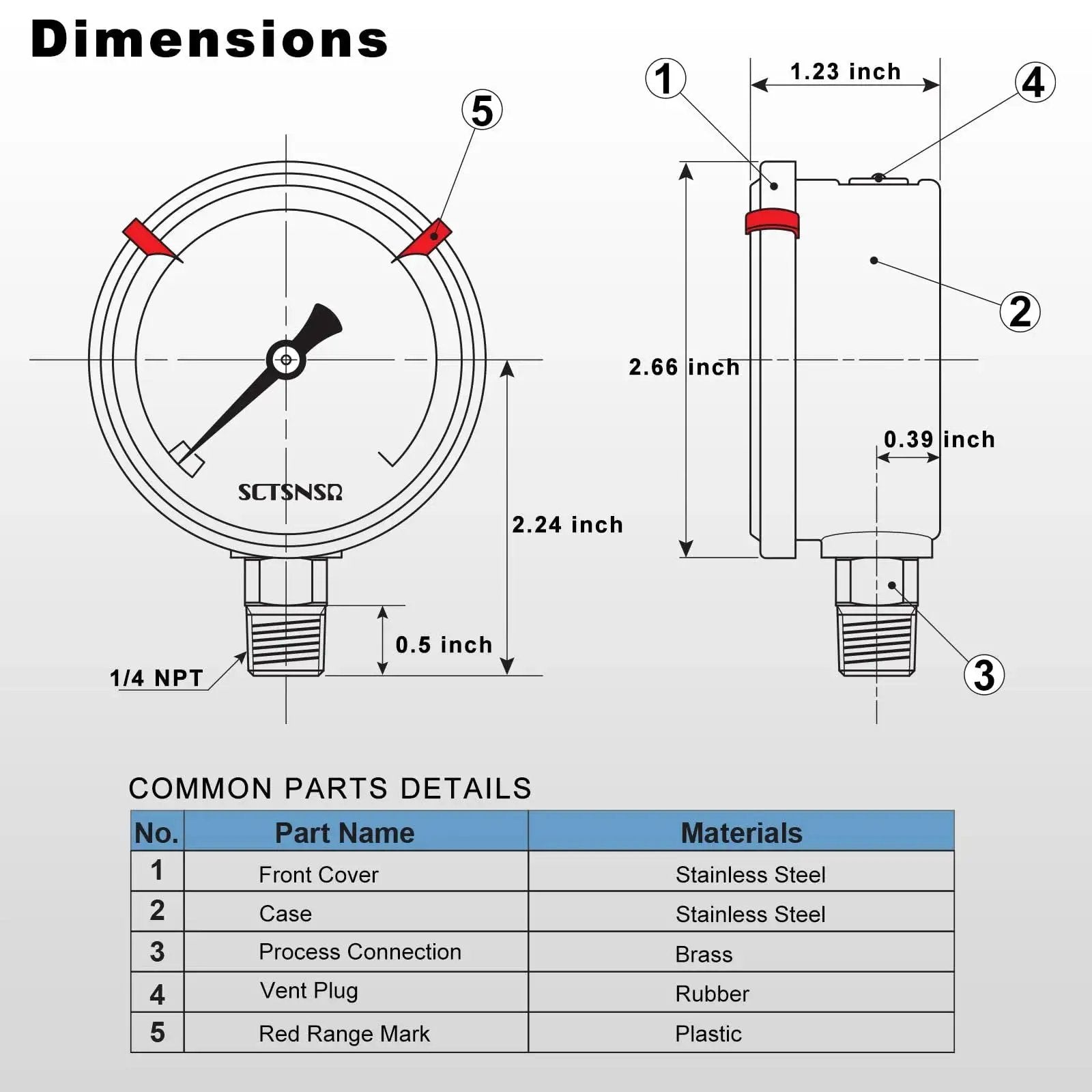 Dimensions diagram of 0 To 100 Psi Glycerin Liquid Filled Pressure Gauge With Two And A Half Inch Dial Lower Mount One Quarter Inch NPT.