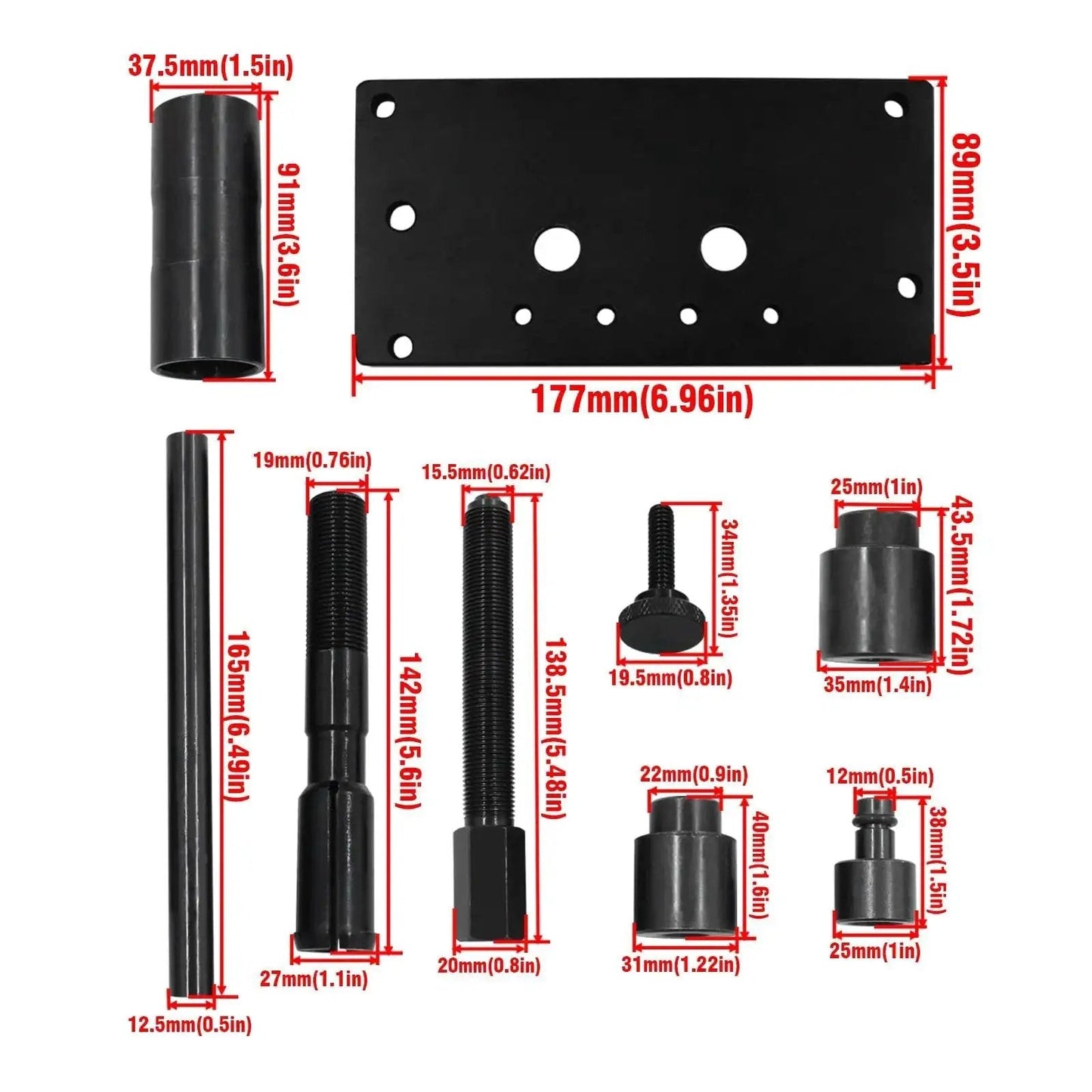 Dimensions and components of Inner Cam Bearing Installer And Puller Tool For Harley Twin Cam Engines 1999 Through 2017
