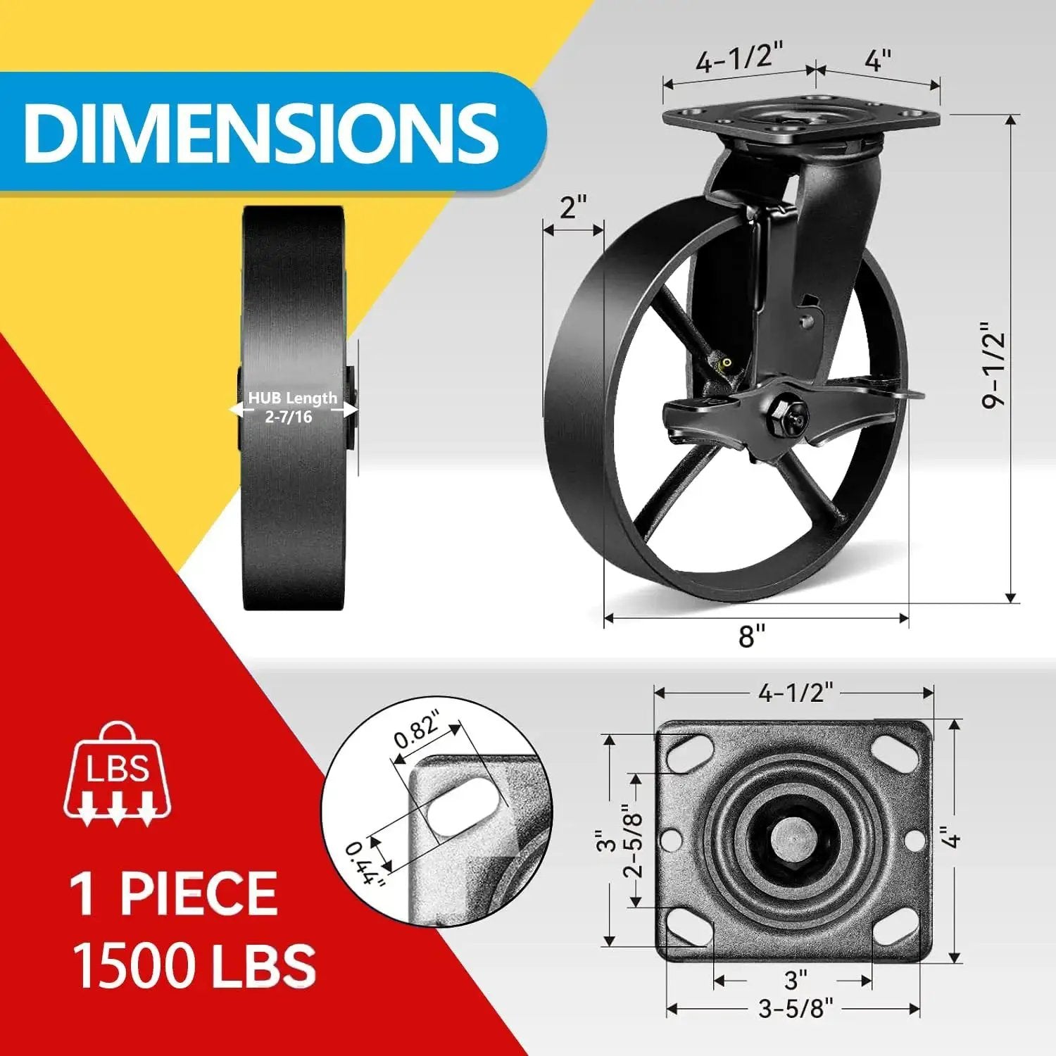 Heavy Duty Industrial Caster Wheels Set Of 4 8 Inch Rigid And Brake Cast Iron Steel Hubs With Total Load Capacity 3200 To 6000 Lbs