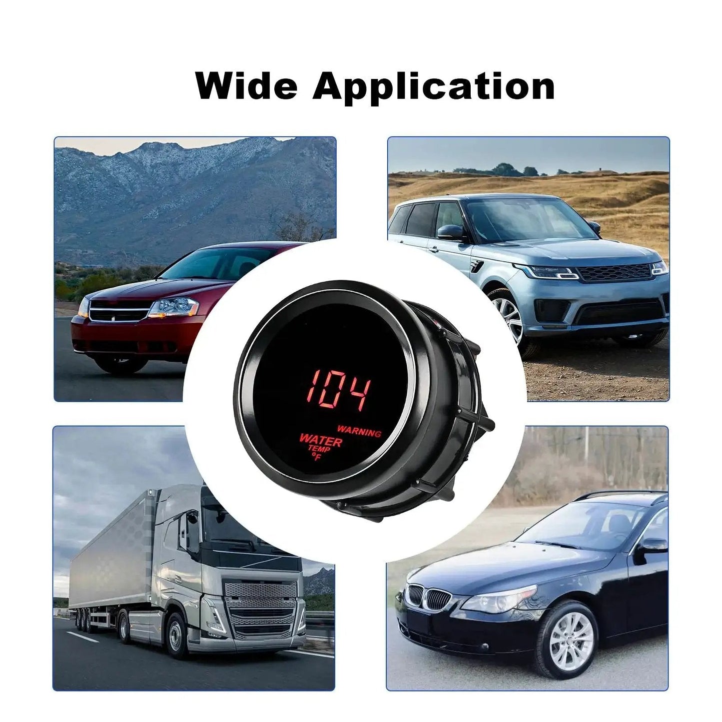 2 Inch Water Temperature Gauge 52mm Backlit Sensor For Car Truck Marine DC12V shown with various vehicles