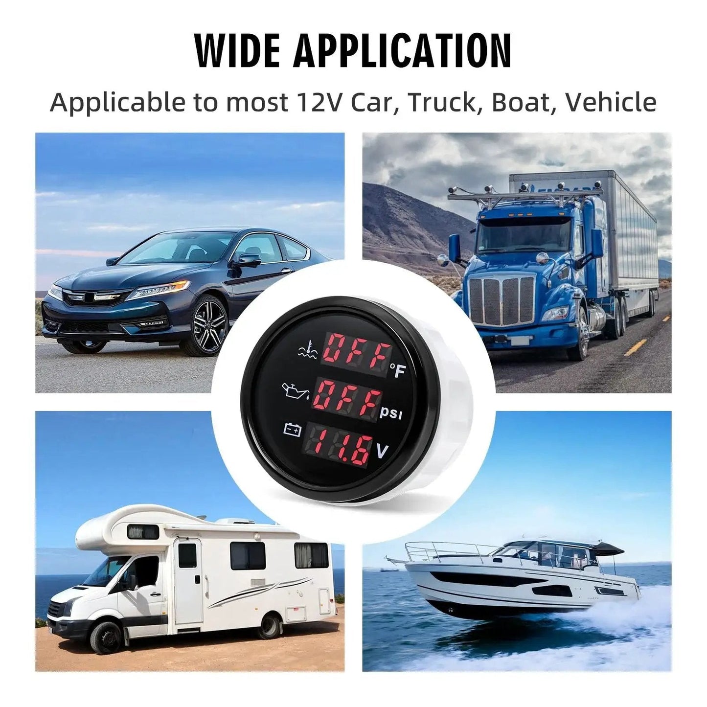 All In One 52mm 2-1/16 Inch Triple Gauge Kit with digital readouts for car, truck, RV, and boat applications in different settings.