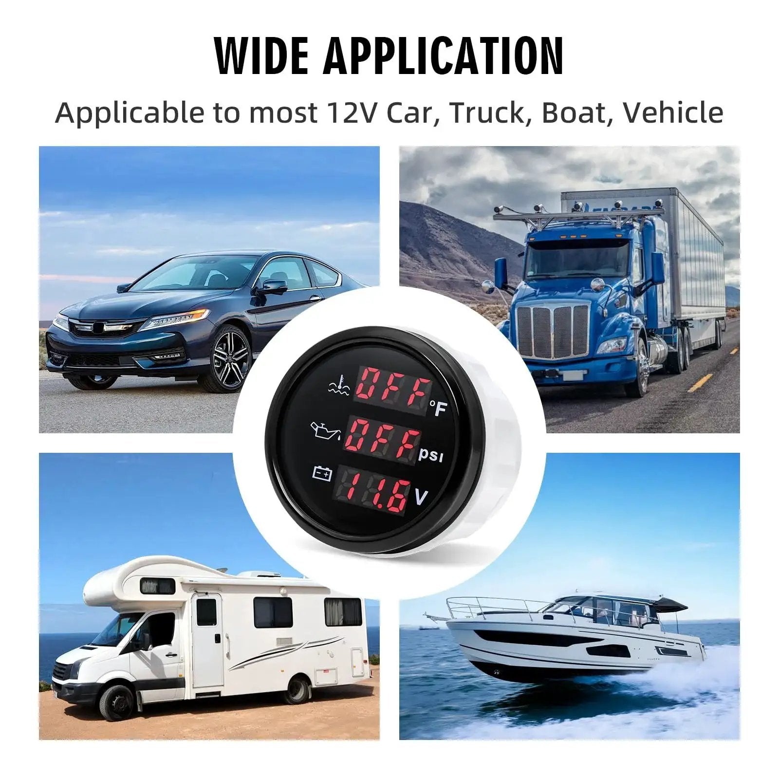 All In One 52mm 2-1/16 Inch Triple Gauge Kit with digital readouts for car, truck, RV, and boat applications in different settings.