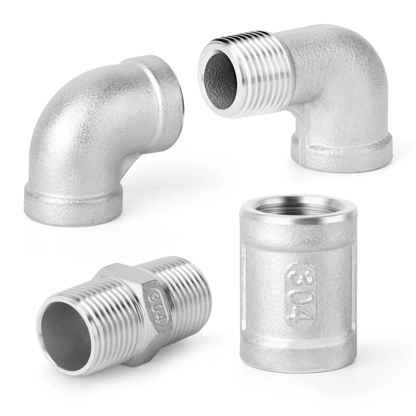 Heavy Duty 8-Piece 304 Stainless Steel Pipe Fitting Kit With 90 Degree Elbows, Hex Bushings, And 3/8 NPT Couplings For Industrial Plumbing And DIY