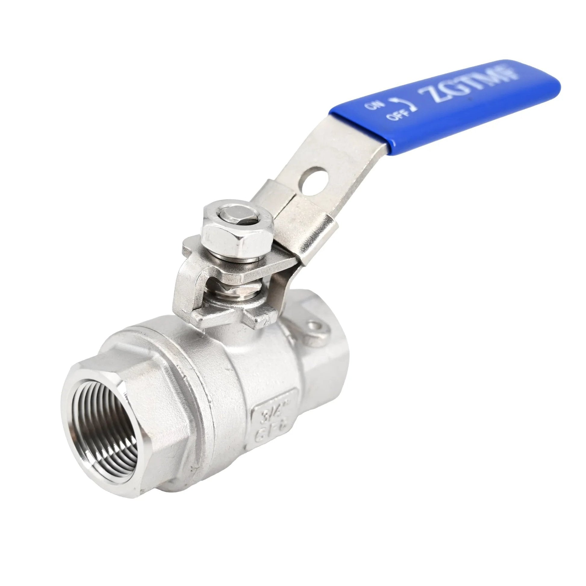 Workhorse Three Quarter Inch 304 Stainless Steel Full Port Ball Valve NPT Female To Female With Blue Vinyl Handle Locking Device