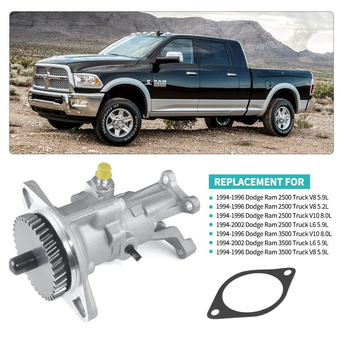 Gear Driven Mechanical Vacuum Pump For 1994-2002 Dodge Ram 2500 3500 5.9L Cummins Diesel OE Replacement and gasket