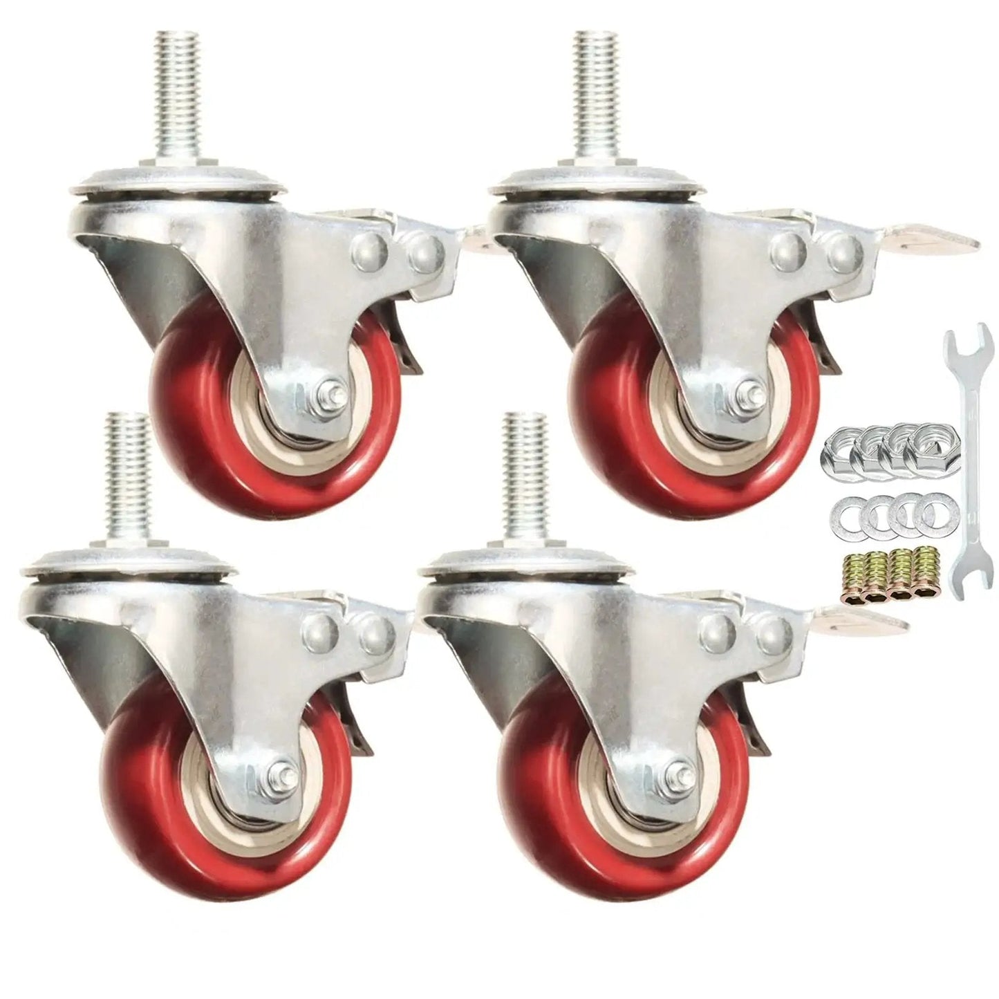 Heavy Duty Swivel Stem Castors With Red PU Wheels Double Locking Quiet Smooth Non Marking Floor Safe Load Capacity 800-1000 Lb