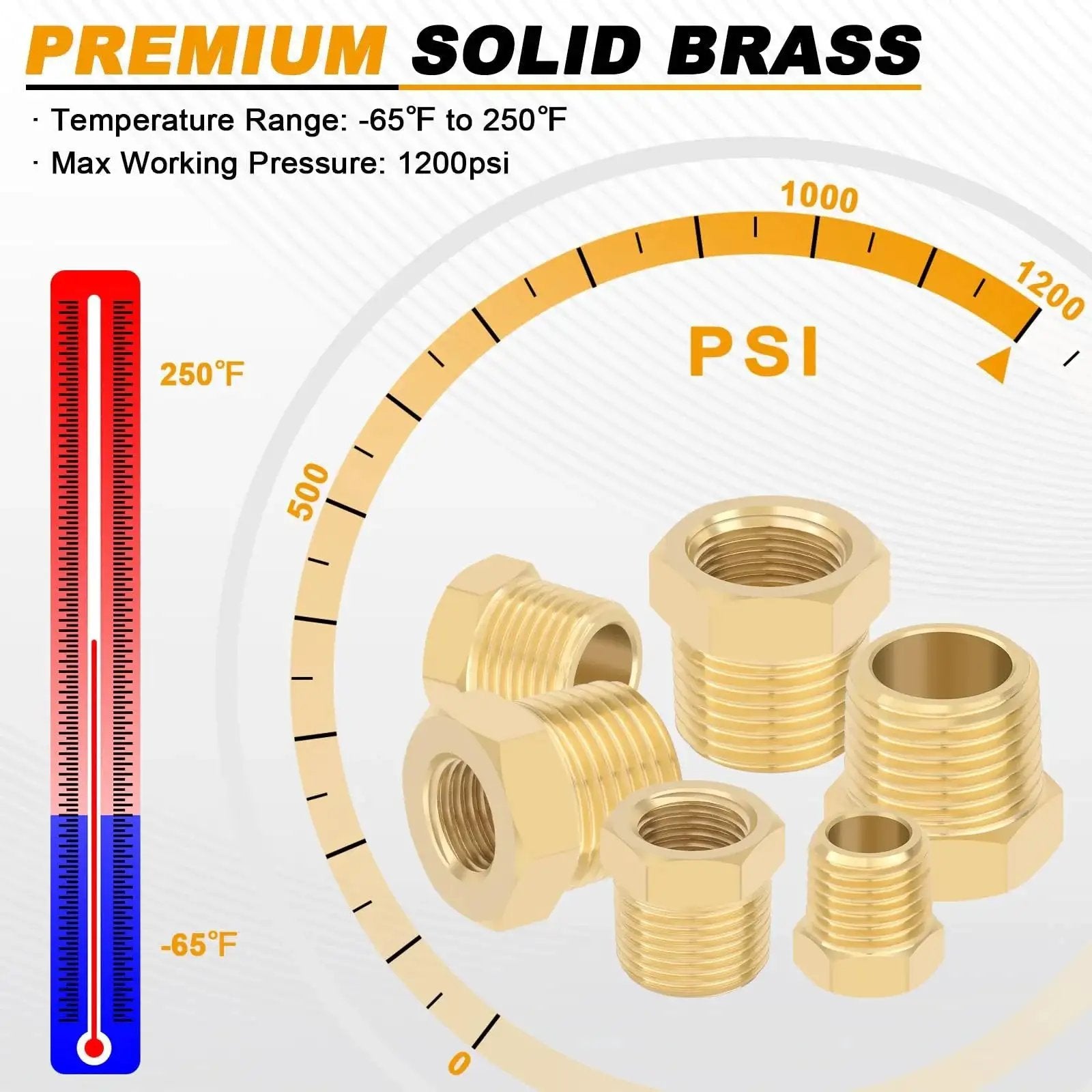 Heavy Duty 4 Piece Pro Grade Brass Reducer Hex Bushing Set 1/4 NPT Male To 1/8 NPT Female Pipe Fittings Max Pressure 1200 PSI