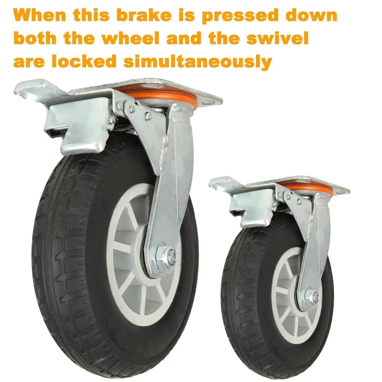 8 Inch Heavy Duty Plate Casters Set Of 2 With Locking Brakes For Cart Furniture And Workbench Industrial Quality Wheels Each Wheel Supports Up To 750 Lbs Combined Load 1500 Lbs For Smooth Mobility And Stability image showing side view