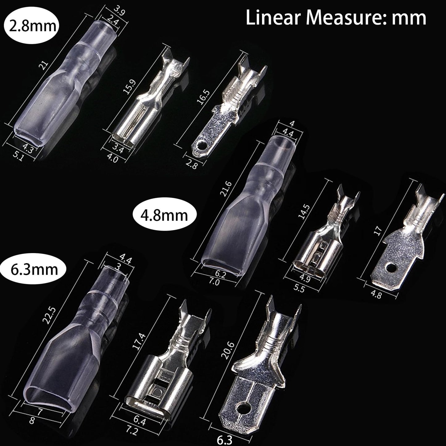 Ultimate 540 Piece Spade Connectors Kit With Insulating Sleeves And Crimp Terminals showing sizes 2.8mm, 4.8mm, 6.3mm