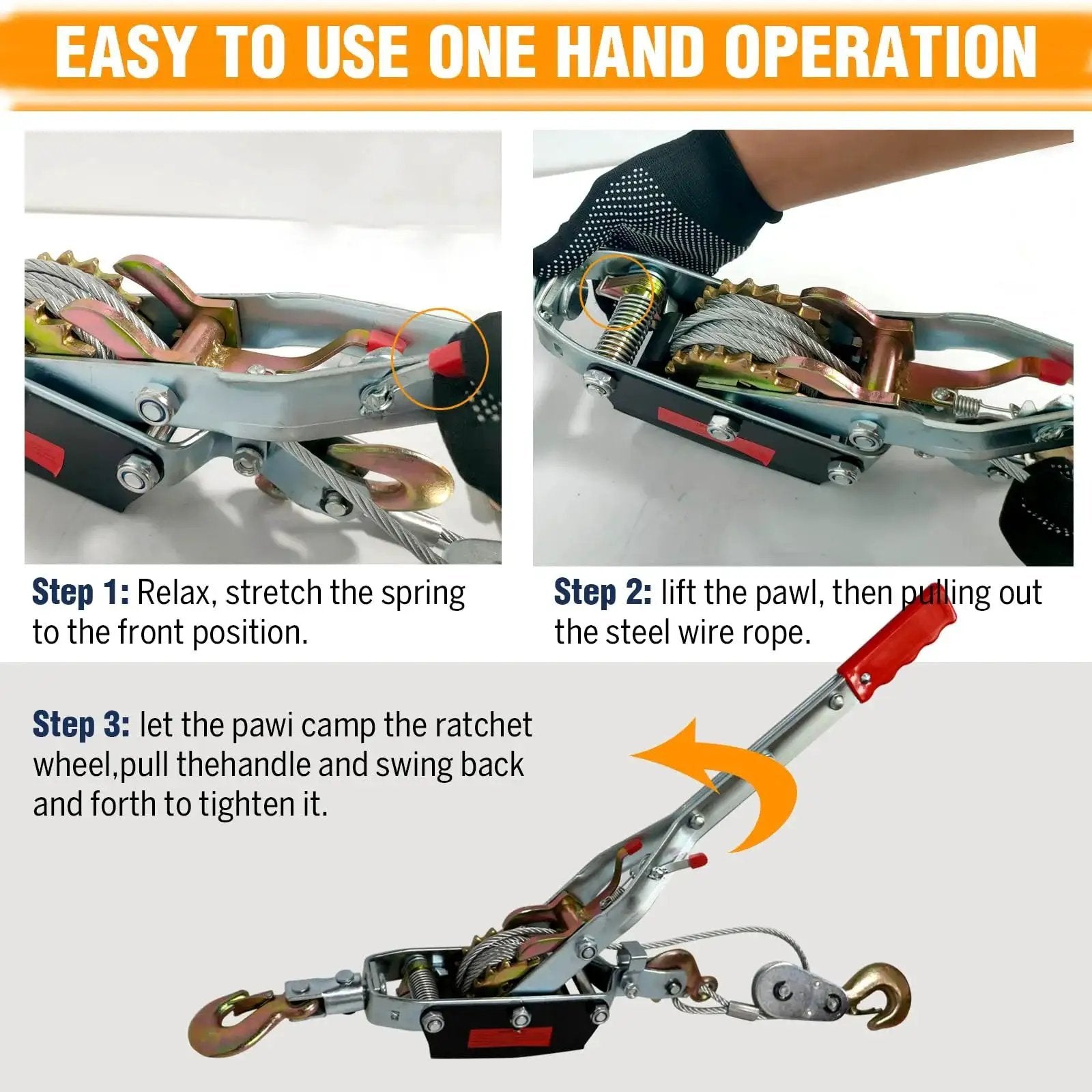 Close-up of 5 Ton Come Along Winch With Dual Gear Ratchet For Vehicle Recovery 12ft Cable showing operation steps.
