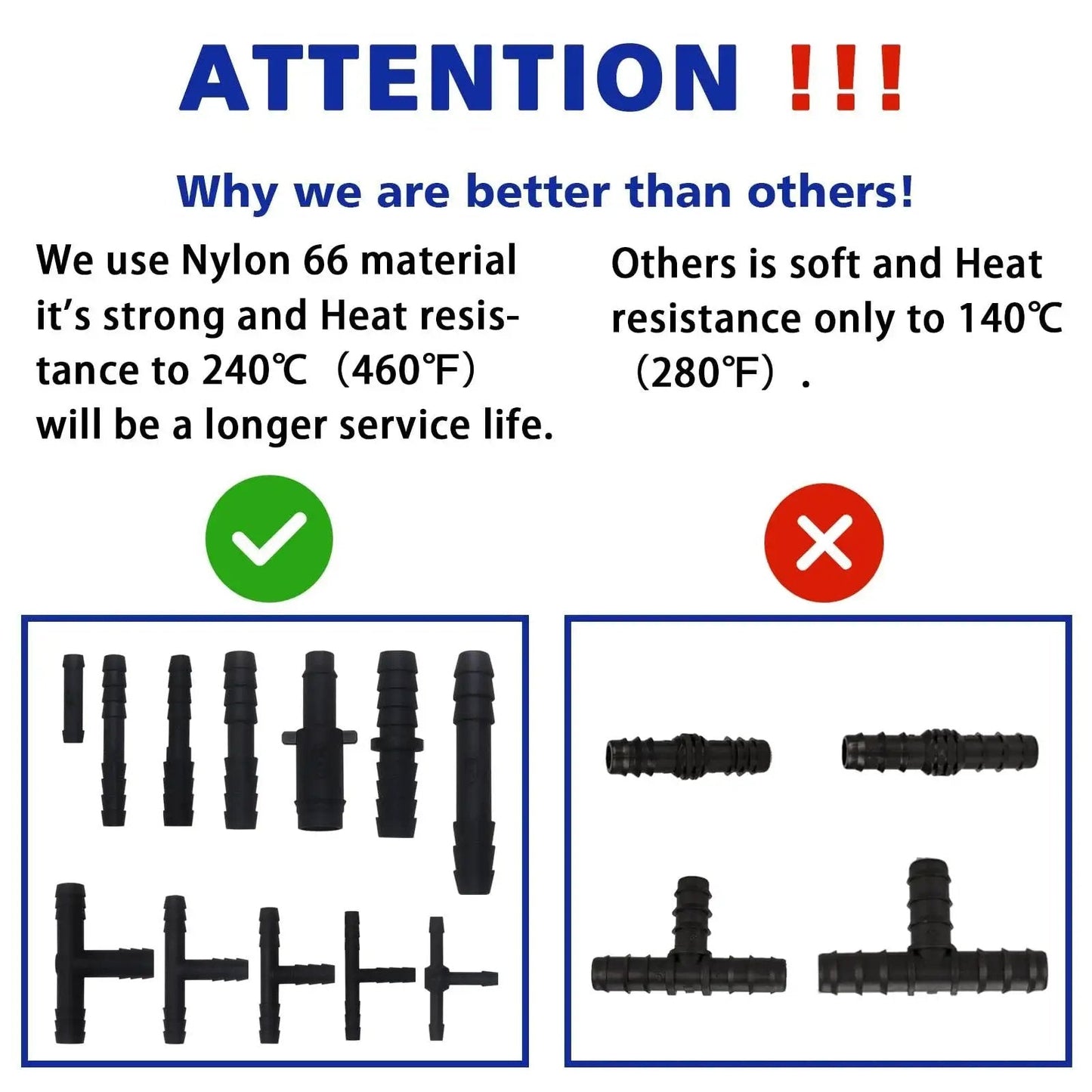 Comparison of Nylon 66 Vacuum Connector Kit vs others; Black Nylon connectors; 240°C (460°F) heat resistance advantage highlighted.