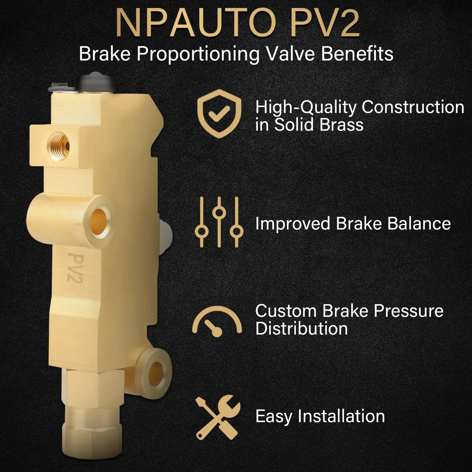 Disc Front Drum Rear Brake Proportioning Valve PV2 Brass Body 172-1353 PV71 shown with benefits text