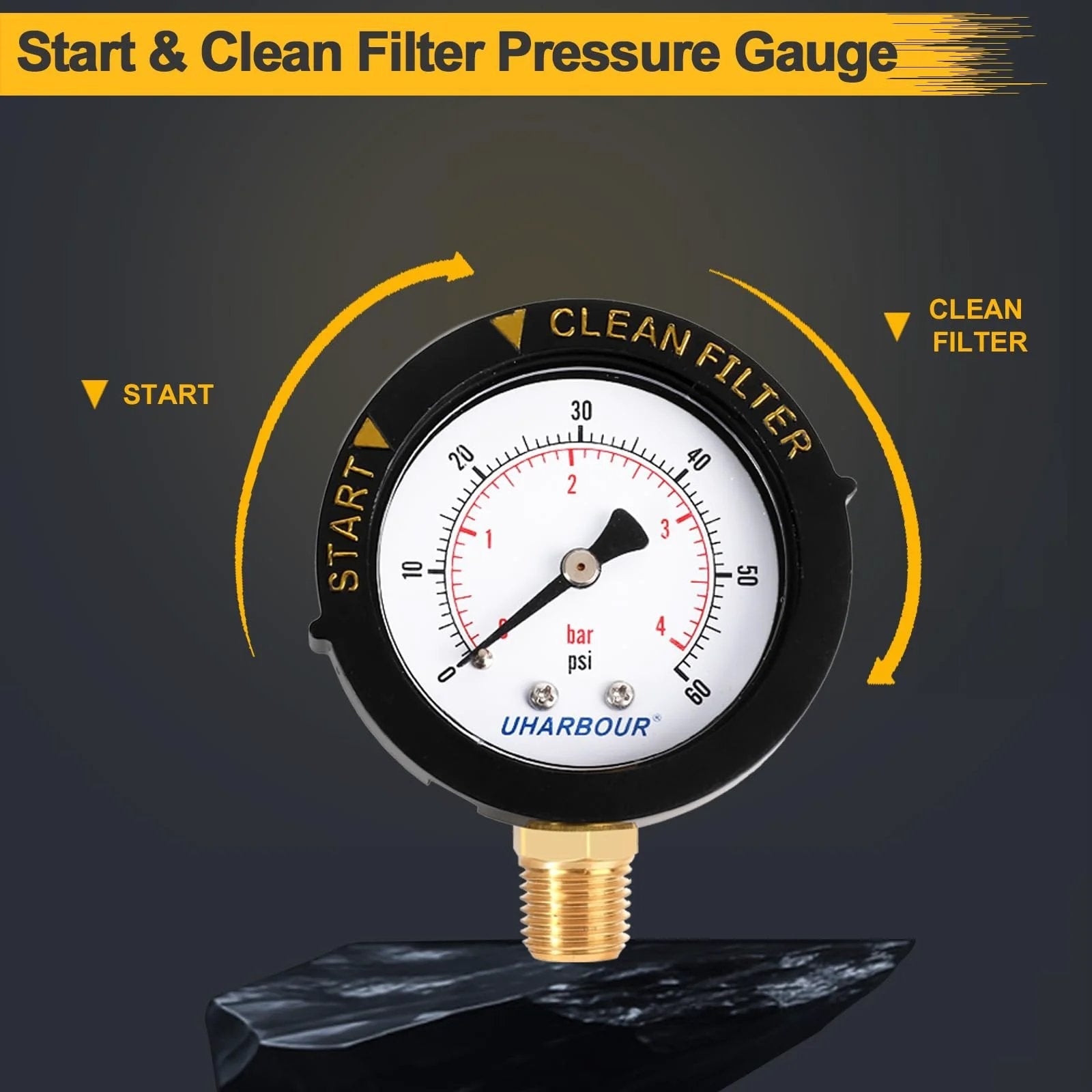 Close-up of a Pool Filter Pressure Gauge 60 PSI One Quarter Inch NPT Bottom Mount Pro Grade Replacement on black background.