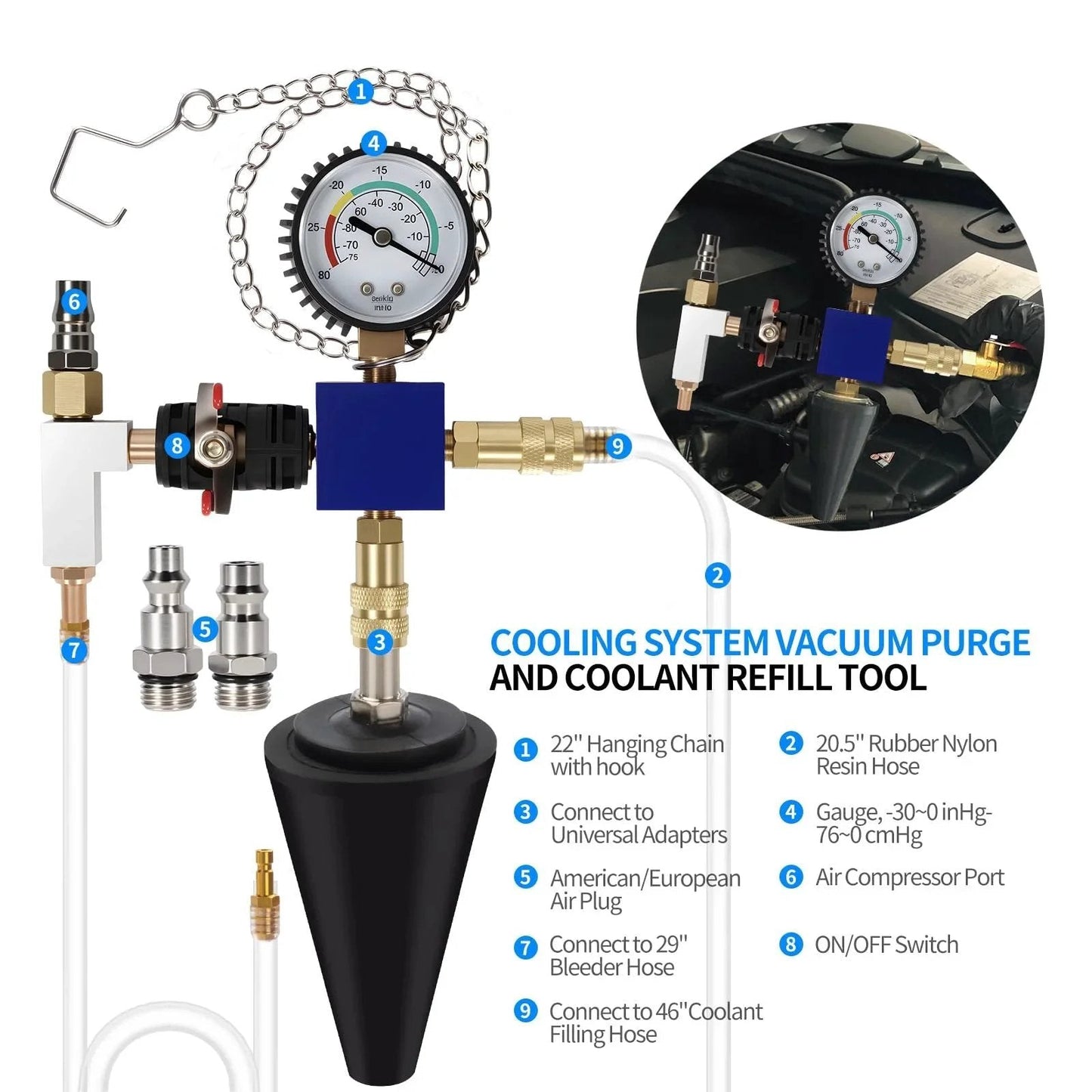 Pro Grade All In One 25 Piece Coolant Pressure Tester Kit With Vacuum Purge And Refill Tool, including gauge and adapters