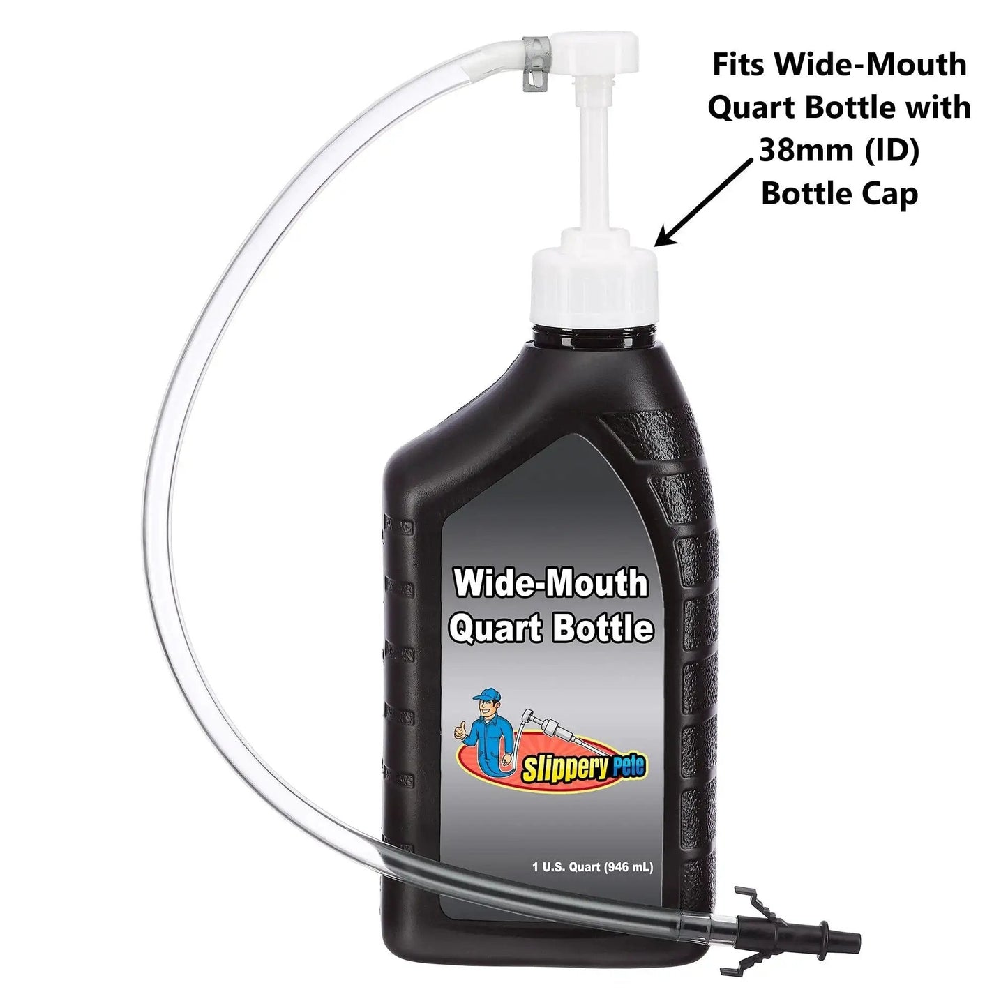 Wide Mouth Fluid Pump With 38mm Cap 8cc Stroke 17in Tube And 3rd Hand Adapter attached to quart bottle