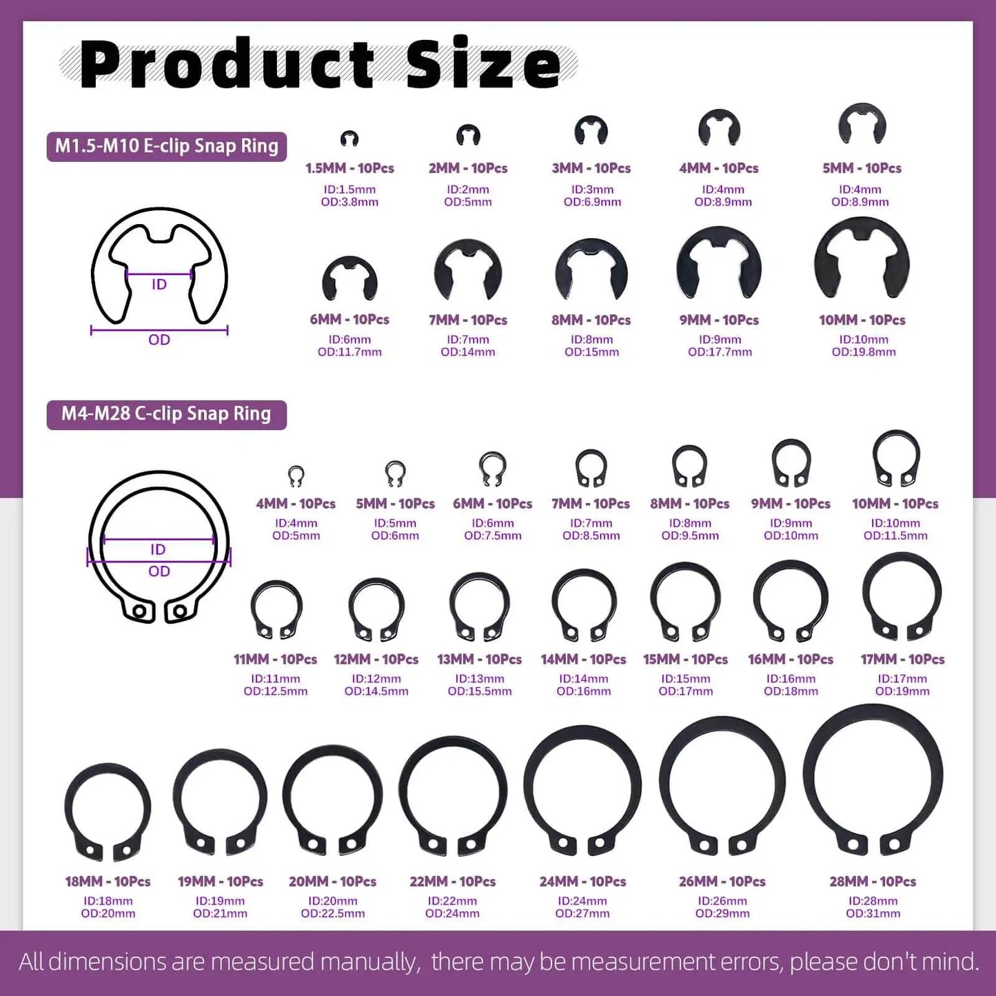 Product Size chart for Must Have All In One Snap Ring Pliers Kit 4 In 1 With Pro Grade Alloy Steel Build M4 To M28mm C Clip External Retaining Rings And 1.5 To 10mm E Clips Retaining Rings Assortment With Tweezers For Pin Clips Repair Swpeet