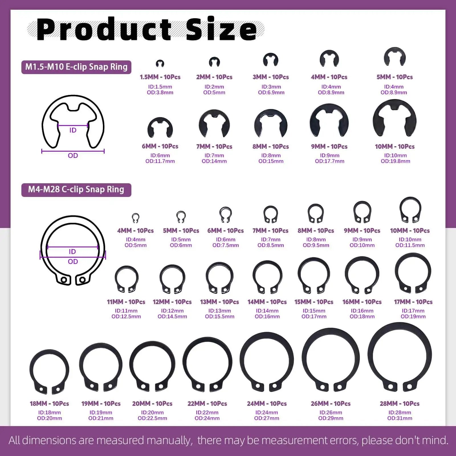 Product Size chart for Must Have All In One Snap Ring Pliers Kit 4 In 1 With Pro Grade Alloy Steel Build M4 To M28mm C Clip External Retaining Rings And 1.5 To 10mm E Clips Retaining Rings Assortment With Tweezers For Pin Clips Repair Swpeet