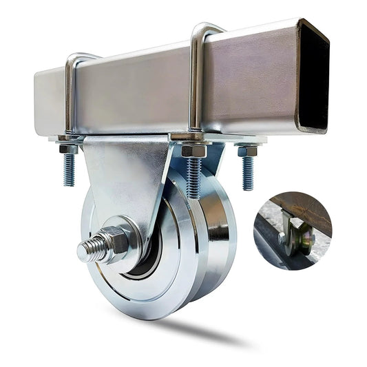 4 Inch Slide Gate Wheel With V Groove Heavy Duty Up To 3000 Lbs Dual Bearing External Mount Bracket Cradle Solid Steel Wheel Housing With High Temperature Sealed Bearings Maintenance Free Powder Coating Safe For Inverted V Shape Sliding Track Gates