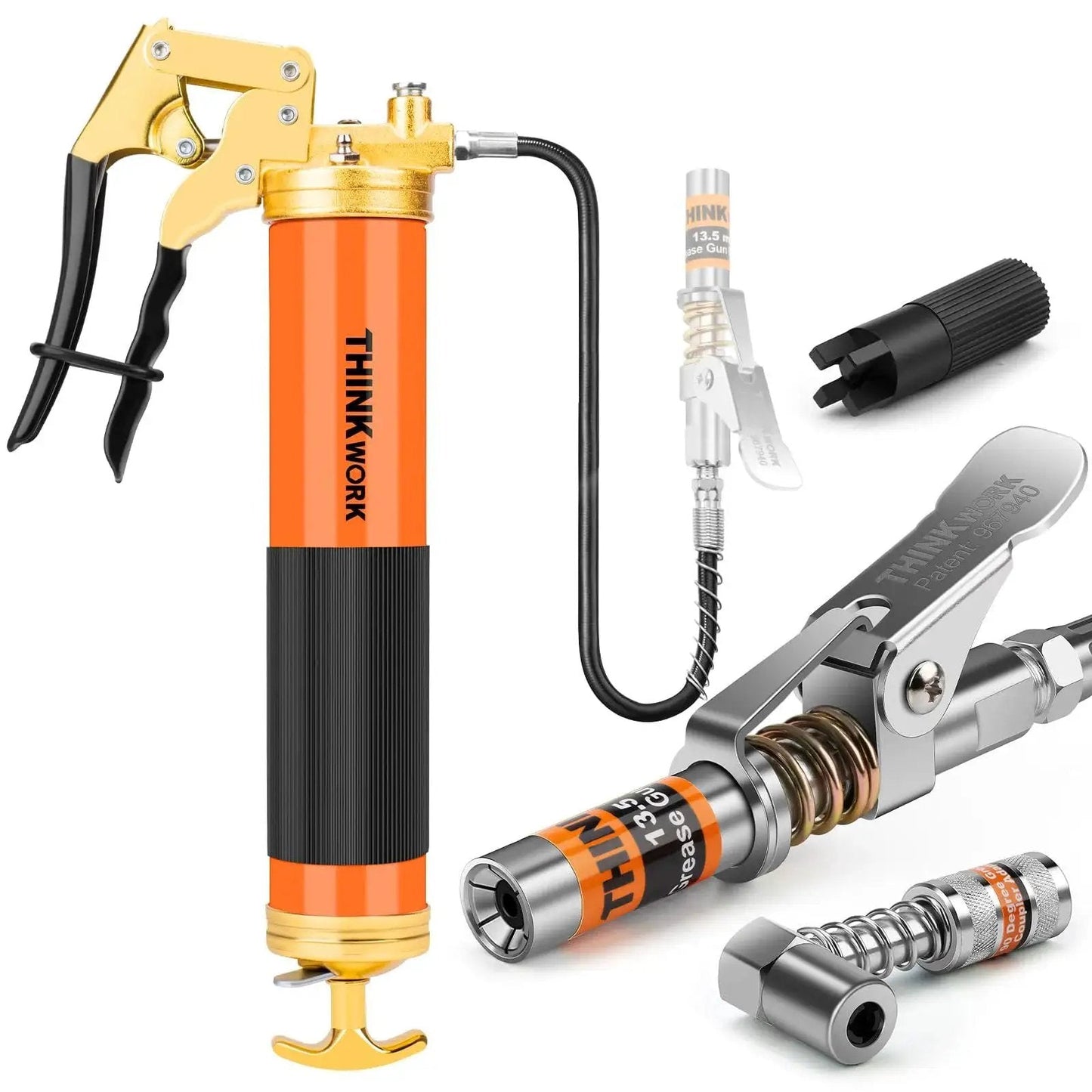 Heavy Duty 8000 PSI Grease Gun Kit With Pistol Grip For 14 Oz Tubes 0.53 Inch Coupler And 18 Inch Flex Hose 90 Degree Adapter For Tight Spaces For Automotive Marine Industrial And Agricultural Machinery Workhorse Pro Grade Thinkwork
