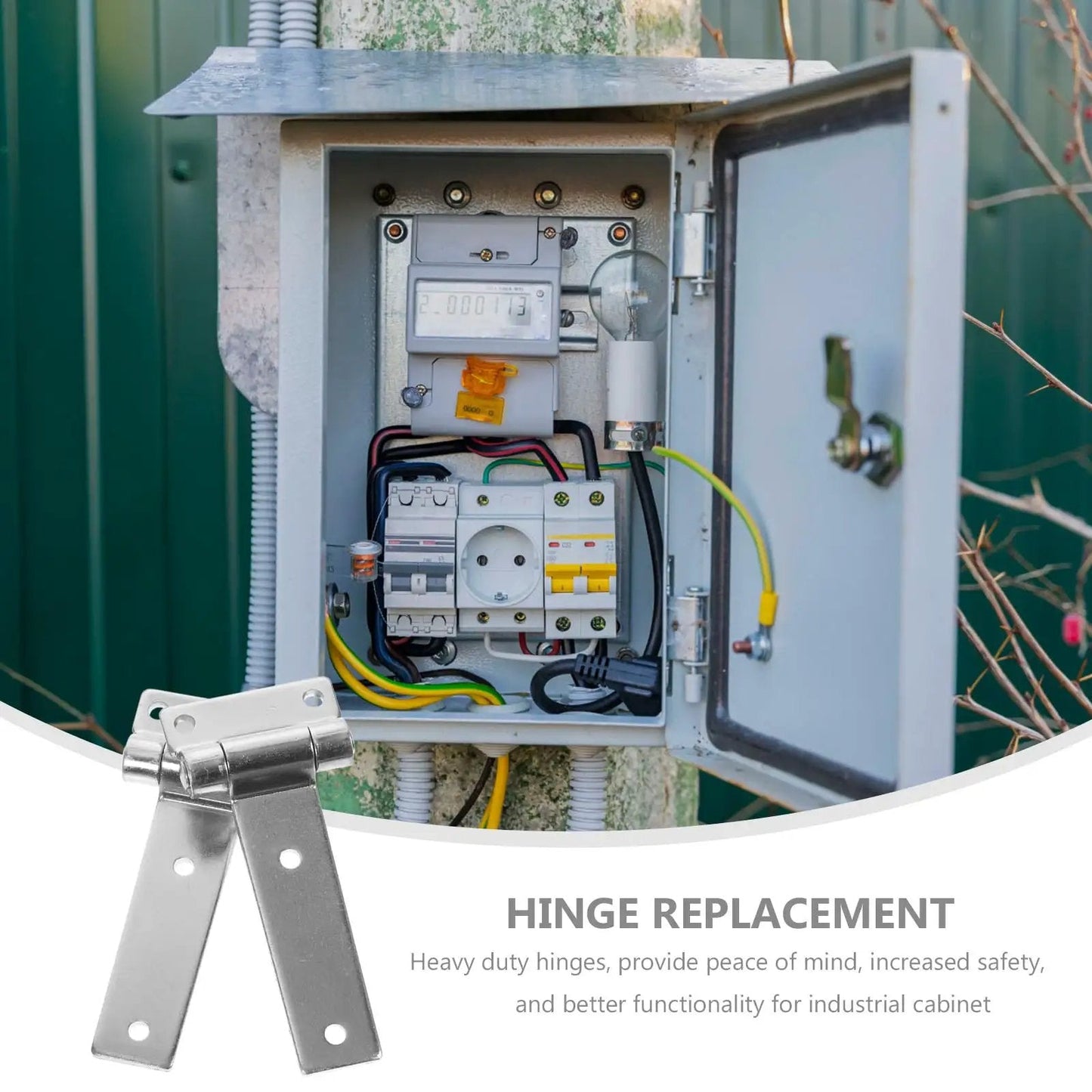 Heavy Duty Galvanized Steel Friction Hinges for Industrial Cabinets and Distribution Boxes 2 Pack with Tough As Nails Load Bearing Capacity Rust Resistant Torque Hinges for Electrical Panels and Doors Garneck shown installed on an electrical panel
