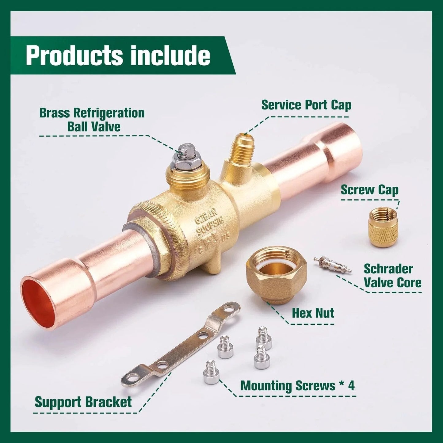 Beefy Brass Refrigeration Ball Valve Three Eighths ODF With Helium Leak Tested And Leak Proof Sealing High Pressure 900 PSI Copper Tube Solder Connection For Air Conditioning And Heat Pump Systems UL Listed Hong Sen with accessories